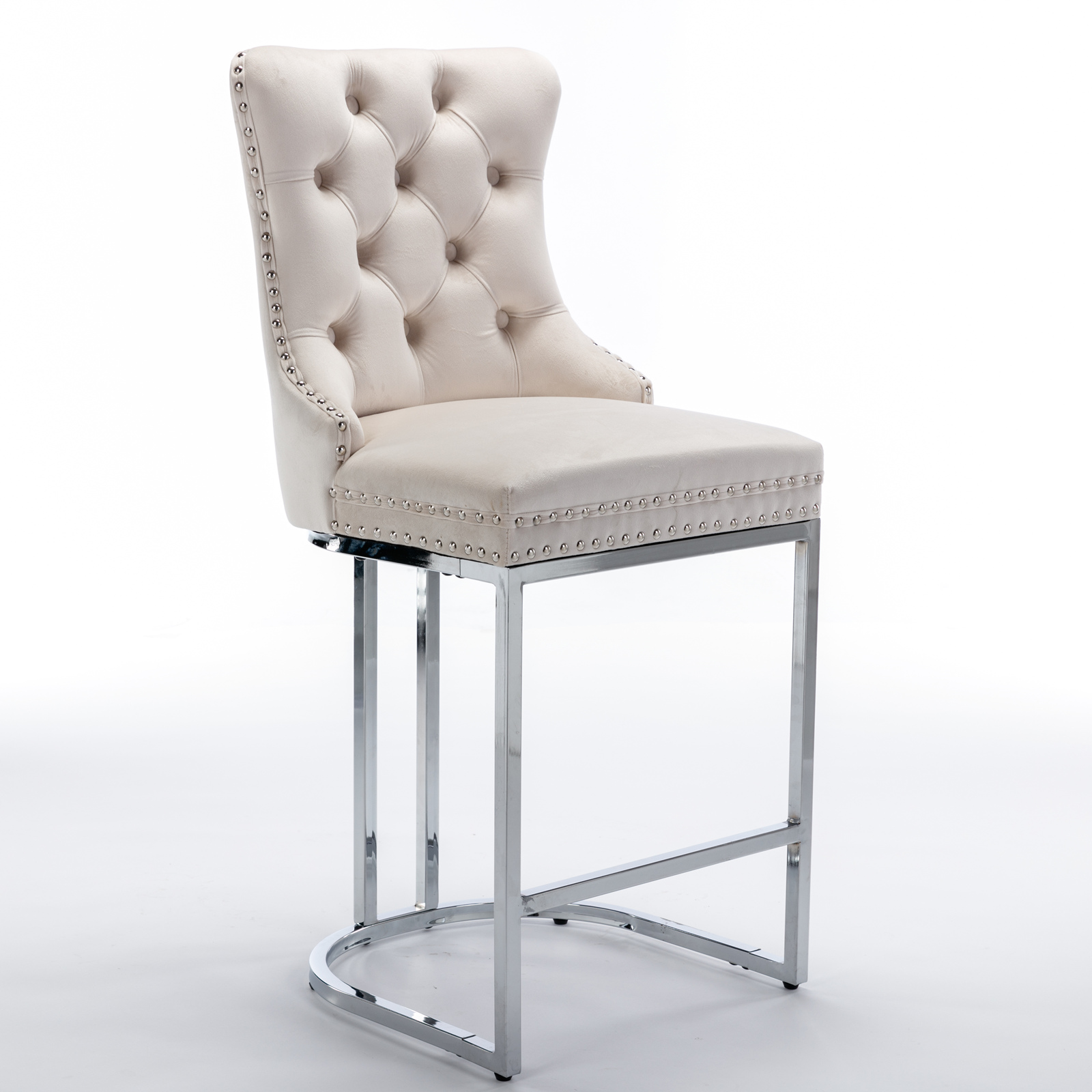 Tabouret de bar, lot de 2, finition capitonnée, 54 x 46 x 97 cm, tissu rembourré et velours, beige - vue 3