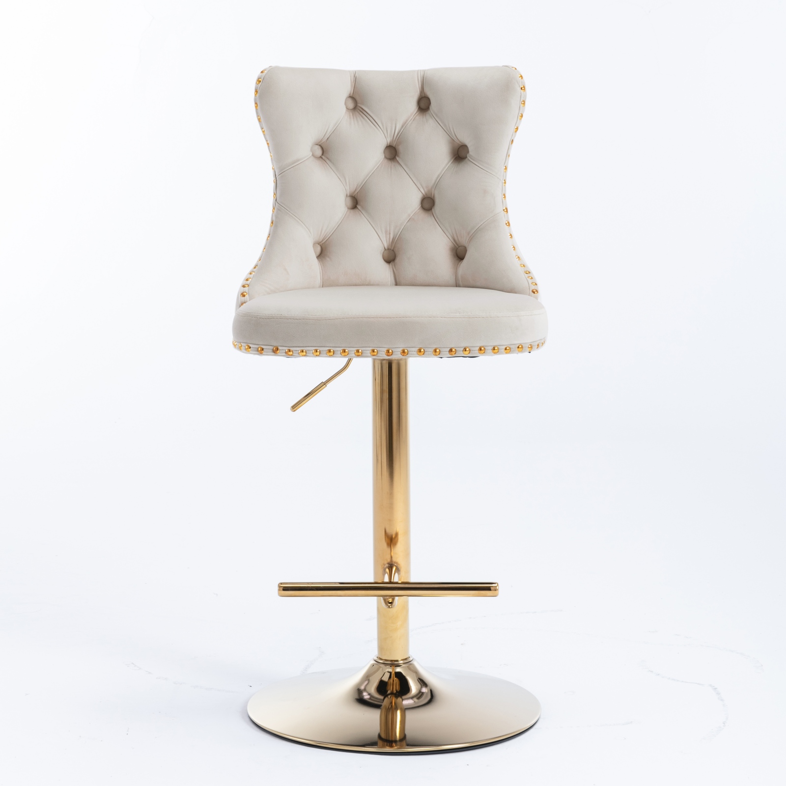 Tabouret de bar, 1 pièce, rotation à 360°, hauteur réglable, finition capitonnée, 46 x 46 x 115 cm, tissu rembourré et velours, beige - vue 2