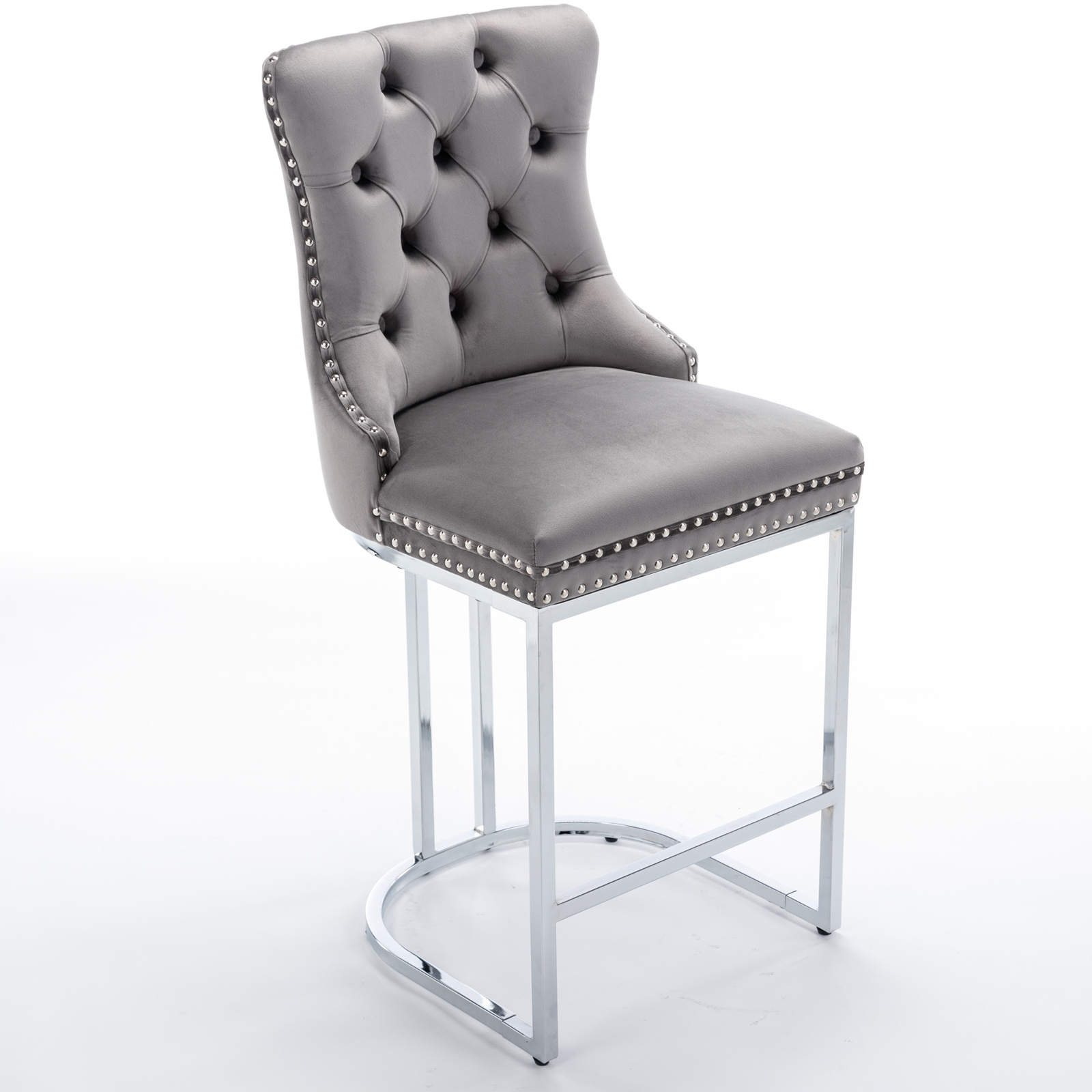 Tabouret de bar, lot de 2, finition capitonnée, 54 x 46 x 97 cm, tissu rembourré et velours, gris - vue 4