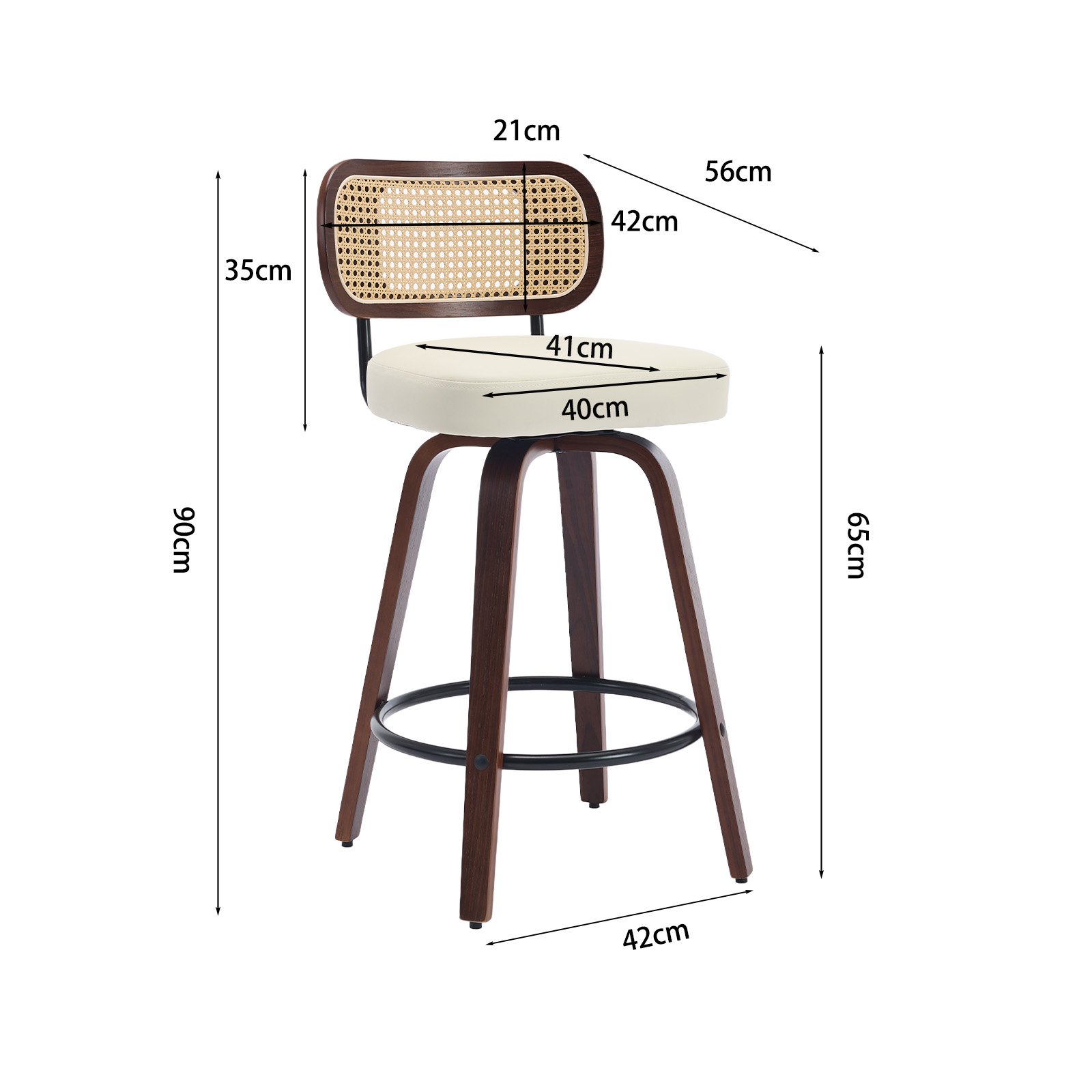 Tabouret de bar, lot de 2, assise rembourrée, rotation à 360°, détails en rotin, 56 x 43 x 90 cm, rotin, noyer - vue 7
