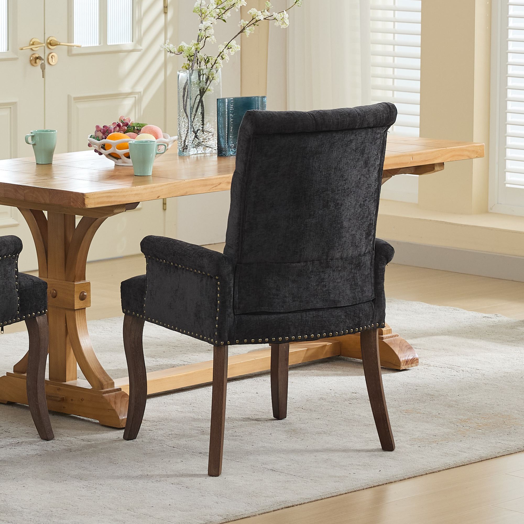 Chaise avec accoudoirs en bois massif, tissu chenille, dossier losange à boutons, capacité 300 lbs, pour salle à manger et salon, design classique, confort supérieur, durabilité, style élégant, stabilité, facile entretien - image 17