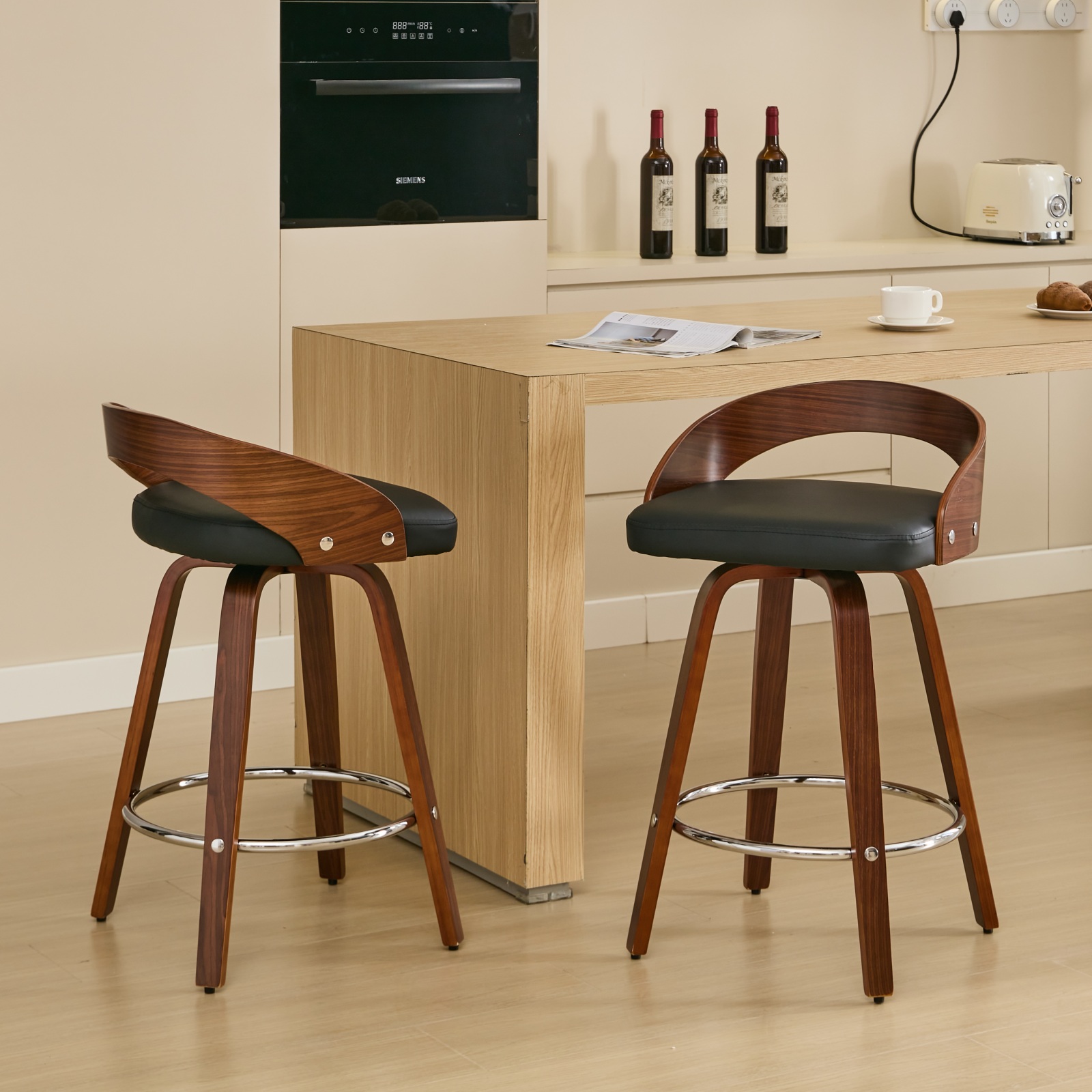Tabouret de bar, lot de 2, rotation à 360°, 48 x 46,5 x 77,5 cm, similicuir et bois, noir - vue 1