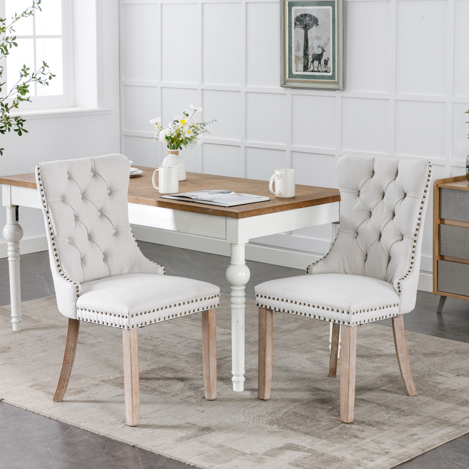 Chaise de salle à manger, lot de 2, finition capitonnée, 65 x 50 x 95 cm, tissu rembourré et bois massif, beige - vue 1