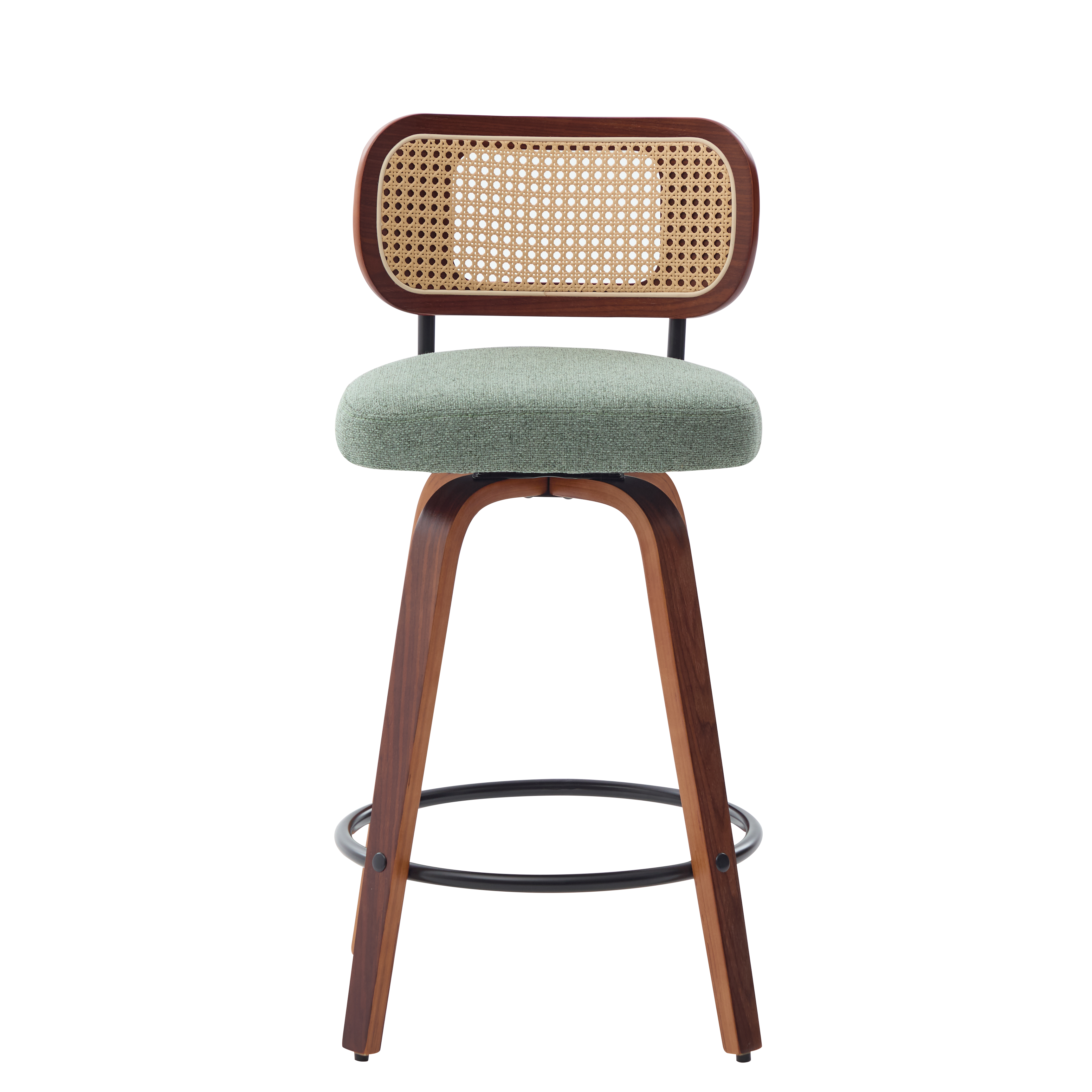 Tabouret de bar, lot de 3, assise rembourrée, rotation à 360°, détails en rotin, 56 x 43 x 90 cm, rotin et métal, vert - vue 2