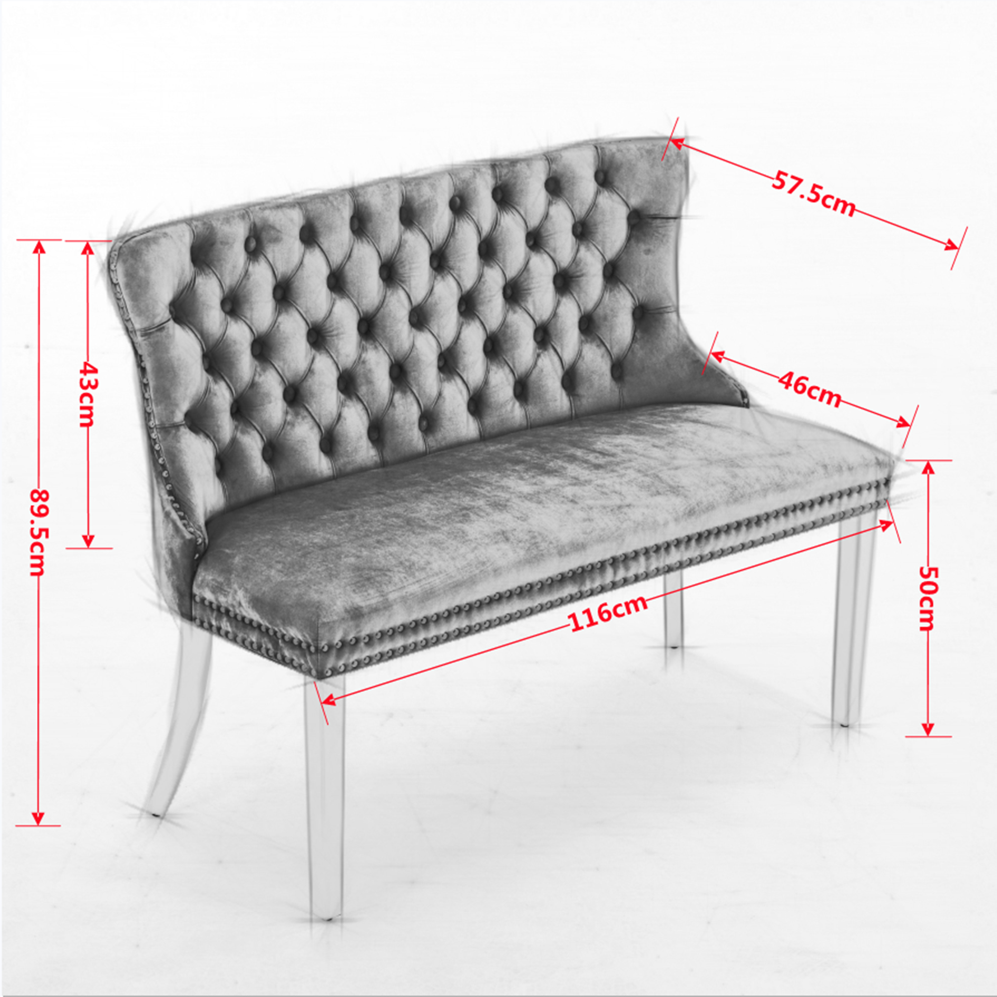 Chaise de salle à manger, 1 pièce, finition capitonnée, 58 x 116 x 89,5 cm, velours, beige - vue 7