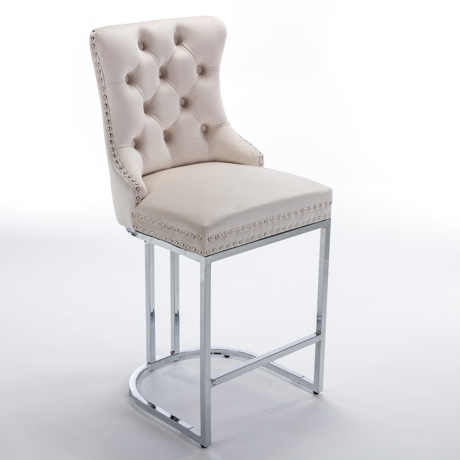Tabouret de bar, lot de 2, finition capitonnée, 54 x 46 x 97 cm, tissu rembourré et velours, beige - vue 4