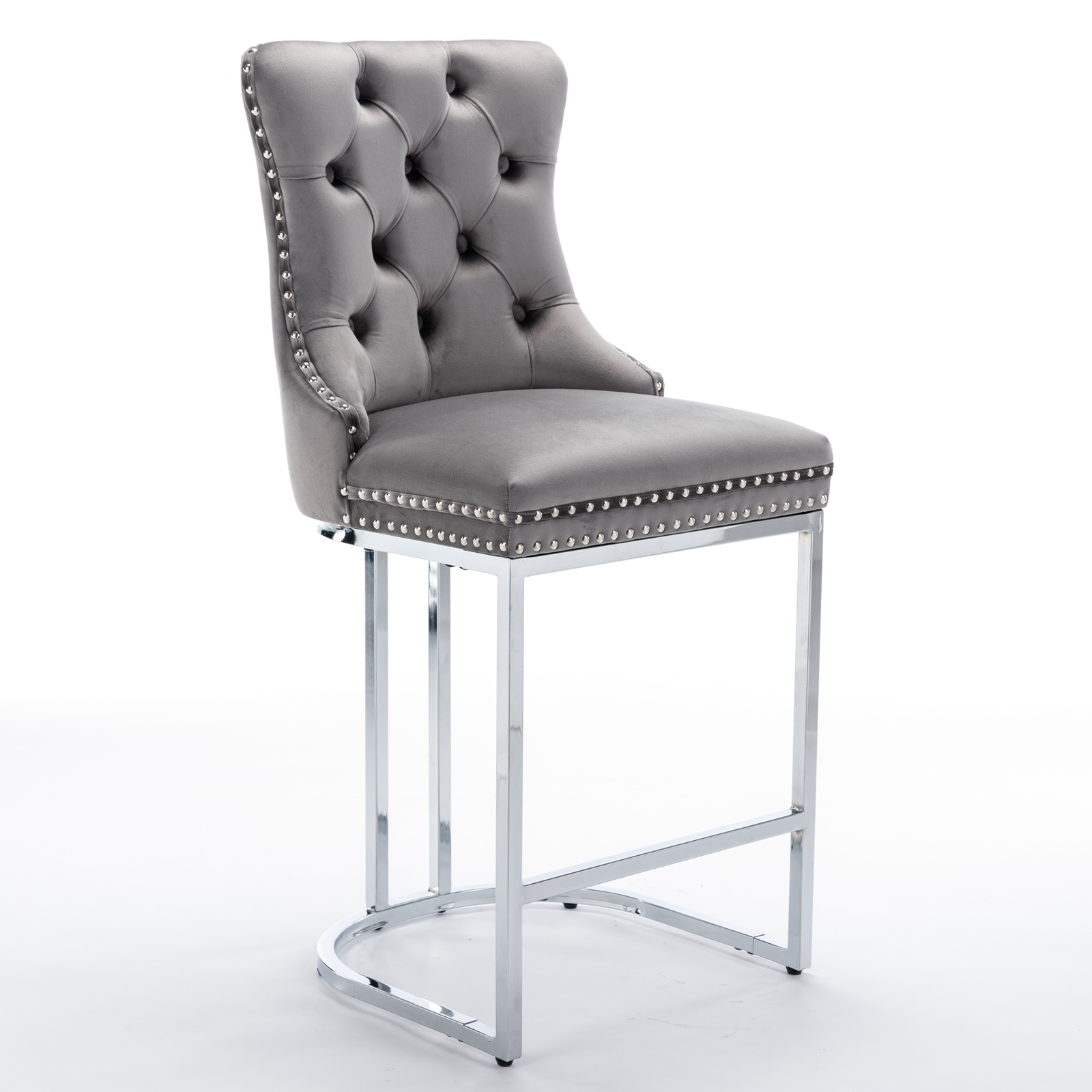 Tabouret de bar, lot de 2, finition capitonnée, 54 x 46 x 97 cm, tissu rembourré et velours, gris - vue 3