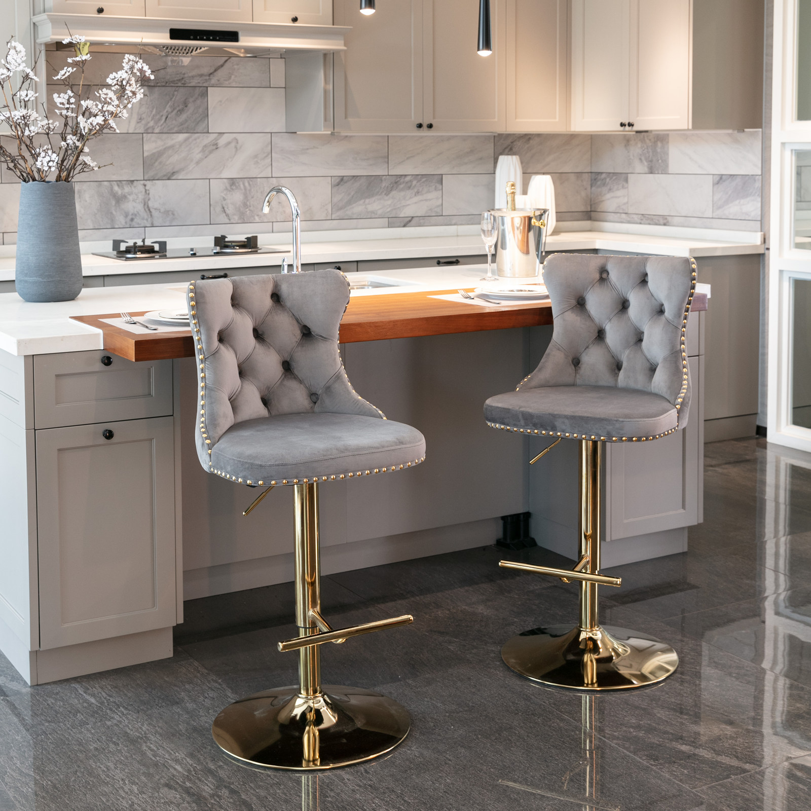 Lot de 2 tabourets de bar premium en velours avec - image 9