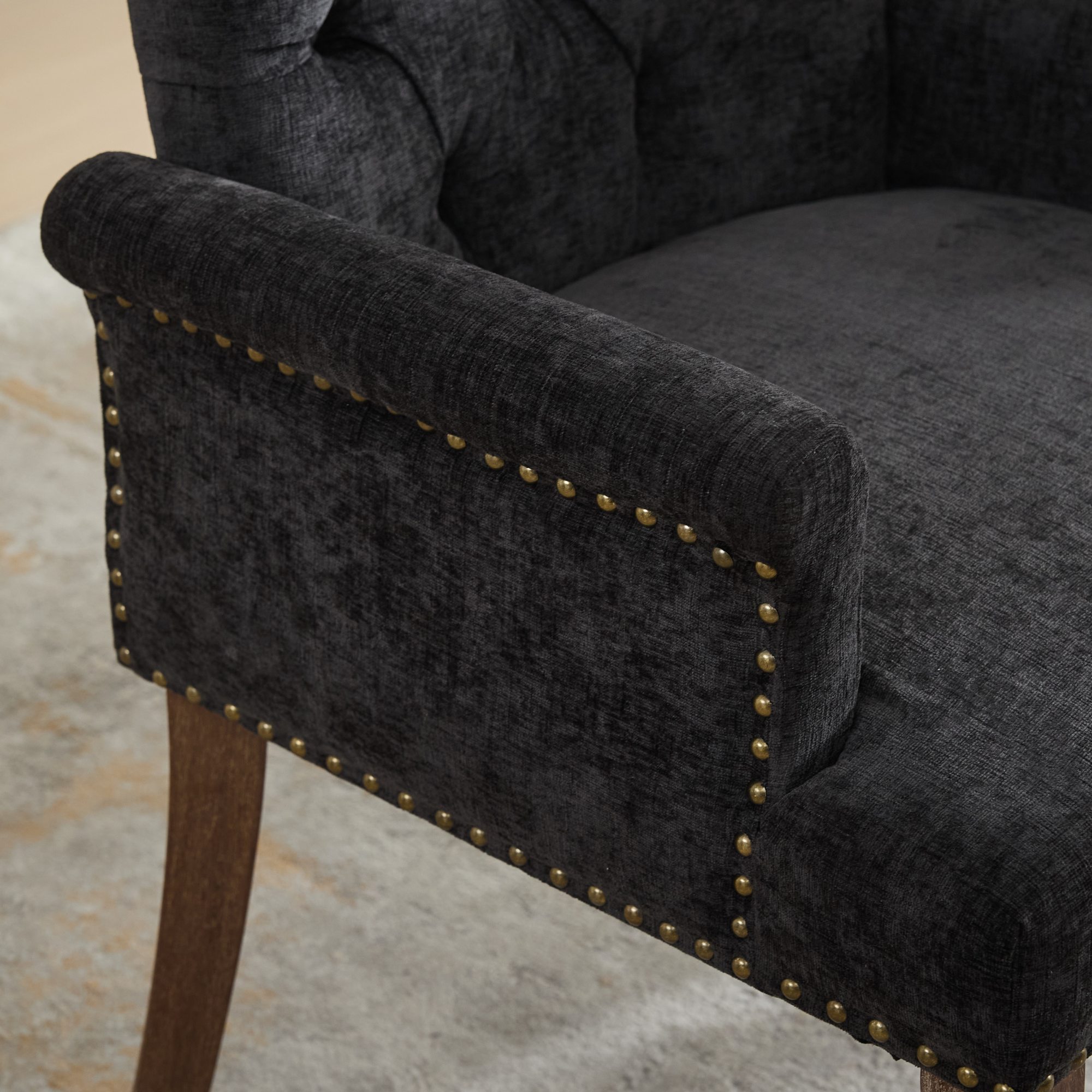 Chaise avec accoudoirs en bois massif, tissu chenille, dossier losange à boutons, capacité 300 lbs, pour salle à manger et salon, design classique, confort supérieur, durabilité, style élégant, stabilité, facile entretien - image 11