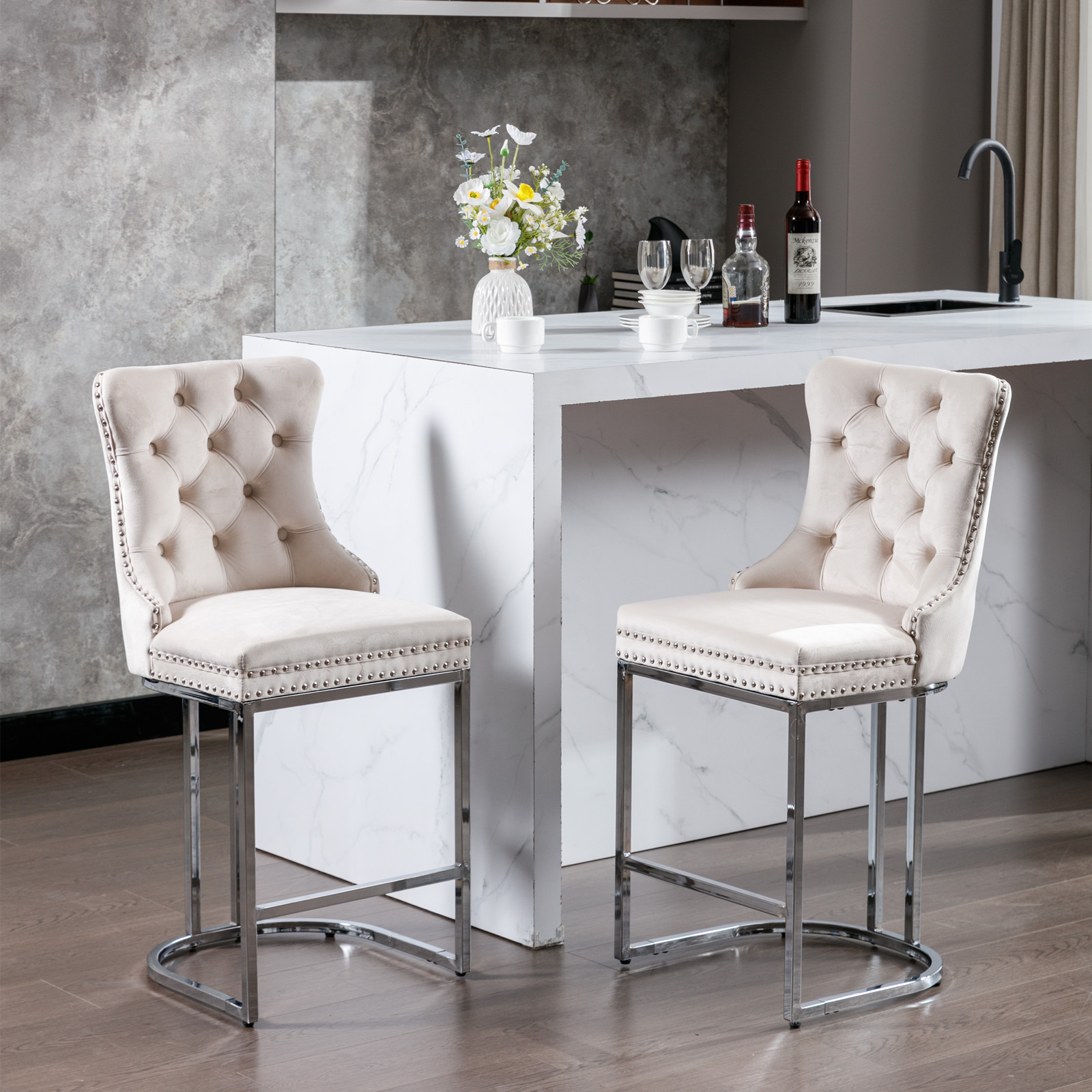 Tabouret de bar, lot de 2, finition capitonnée, 54 x 46 x 97 cm, tissu rembourré et velours, beige - vue 1