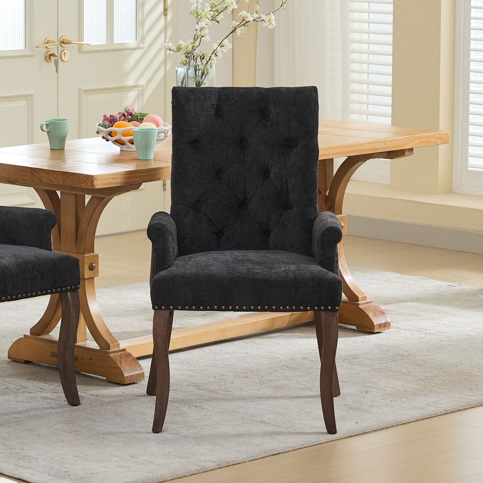 Chaise avec accoudoirs en bois massif, tissu chenille, dossier losange à boutons, capacité 300 lbs, pour salle à manger et salon, design classique, confort supérieur, durabilité, style élégant, stabilité, facile entretien - image 15