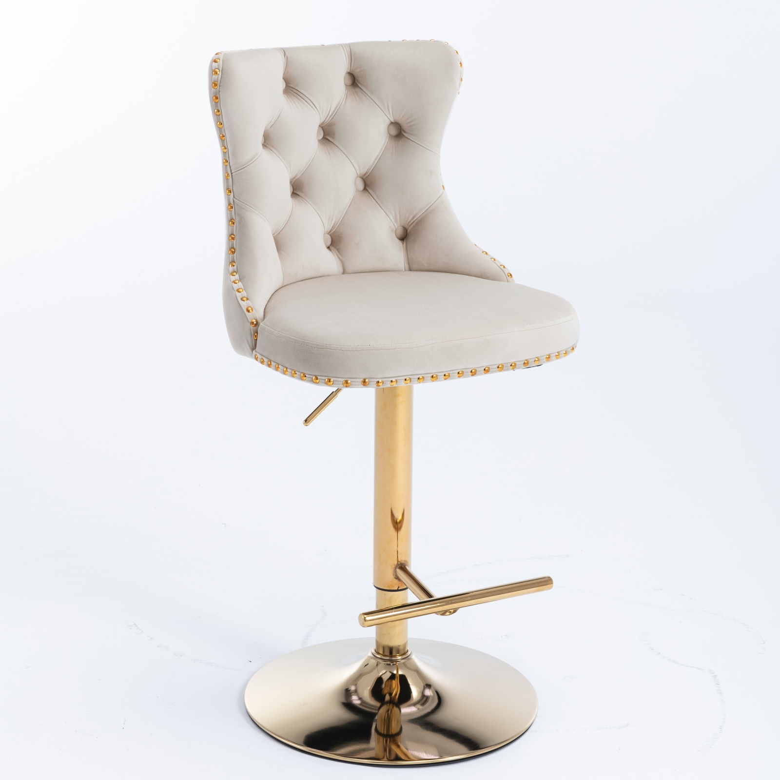 Tabouret de bar, 1 pièce, rotation à 360°, hauteur réglable, finition capitonnée, 46 x 46 x 115 cm, tissu rembourré et velours, beige - vue 4