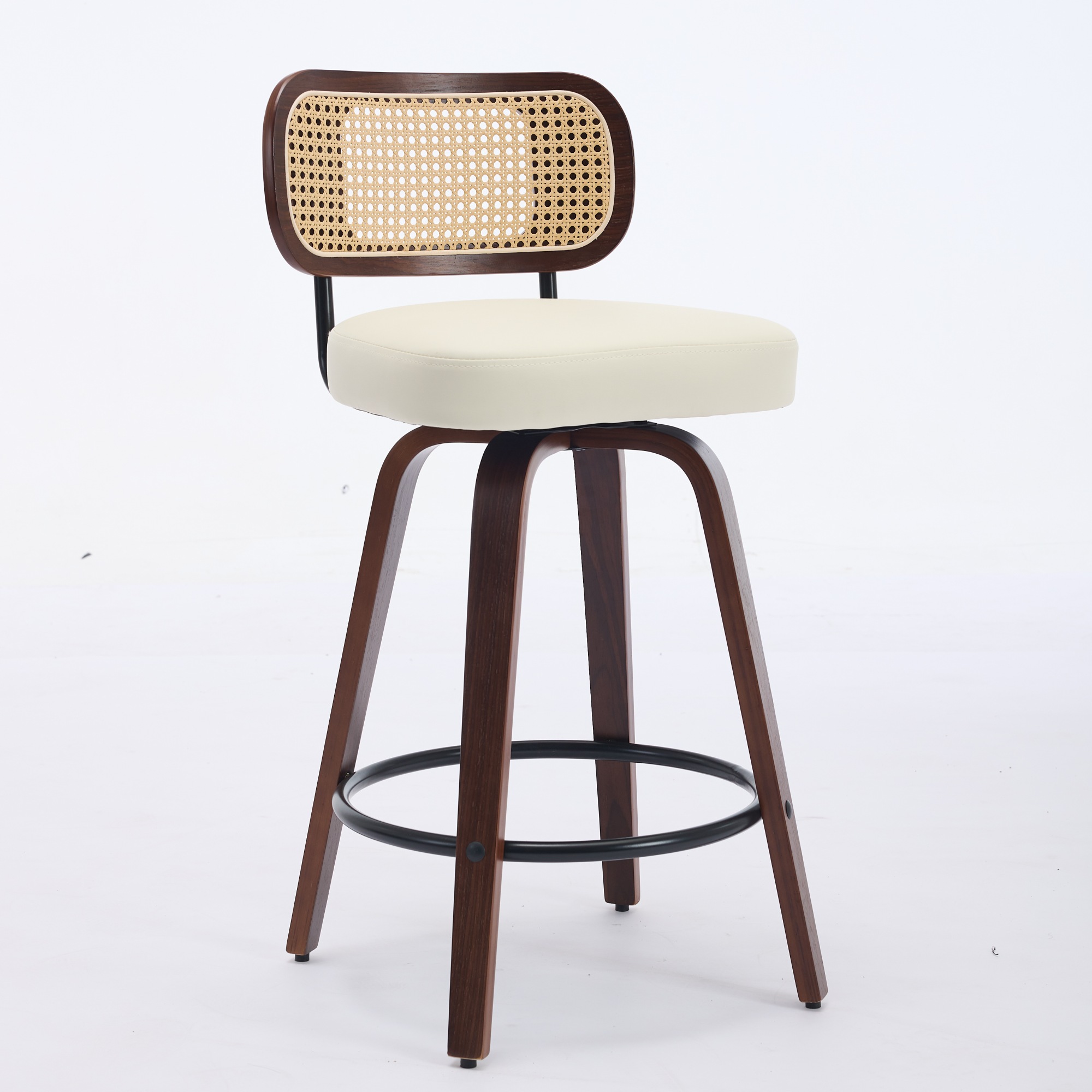 Tabouret de bar, lot de 2, assise rembourrée, rotation à 360°, détails en rotin, 56 x 43 x 90 cm, rotin, noyer - vue 3