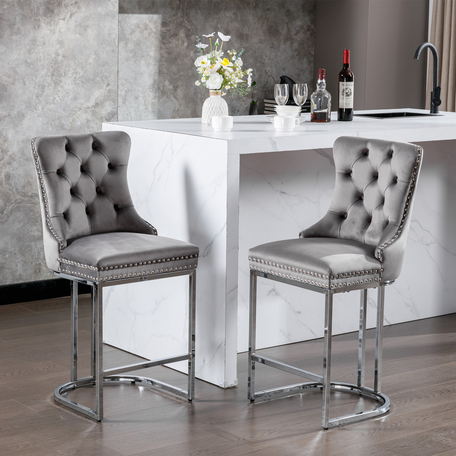 Tabouret de bar, lot de 2, finition capitonnée, 54 x 46 x 97 cm, tissu rembourré et velours, gris - vue 1