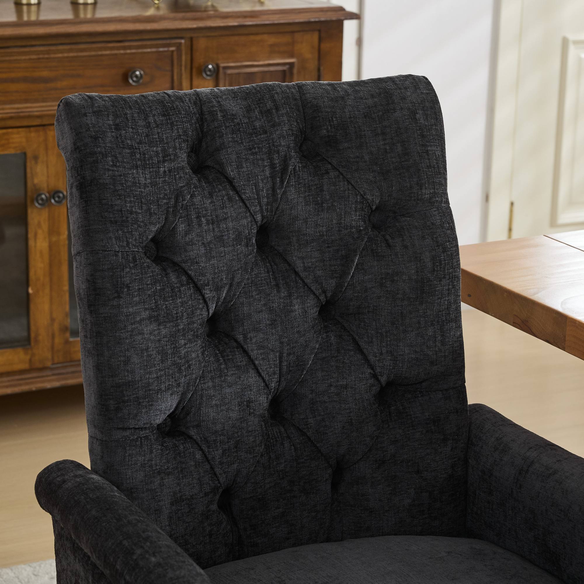Chaise avec accoudoirs en bois massif, tissu chenille, dossier losange à boutons, capacité 300 lbs, pour salle à manger et salon, design classique, confort supérieur, durabilité, style élégant, stabilité, facile entretien - image 10