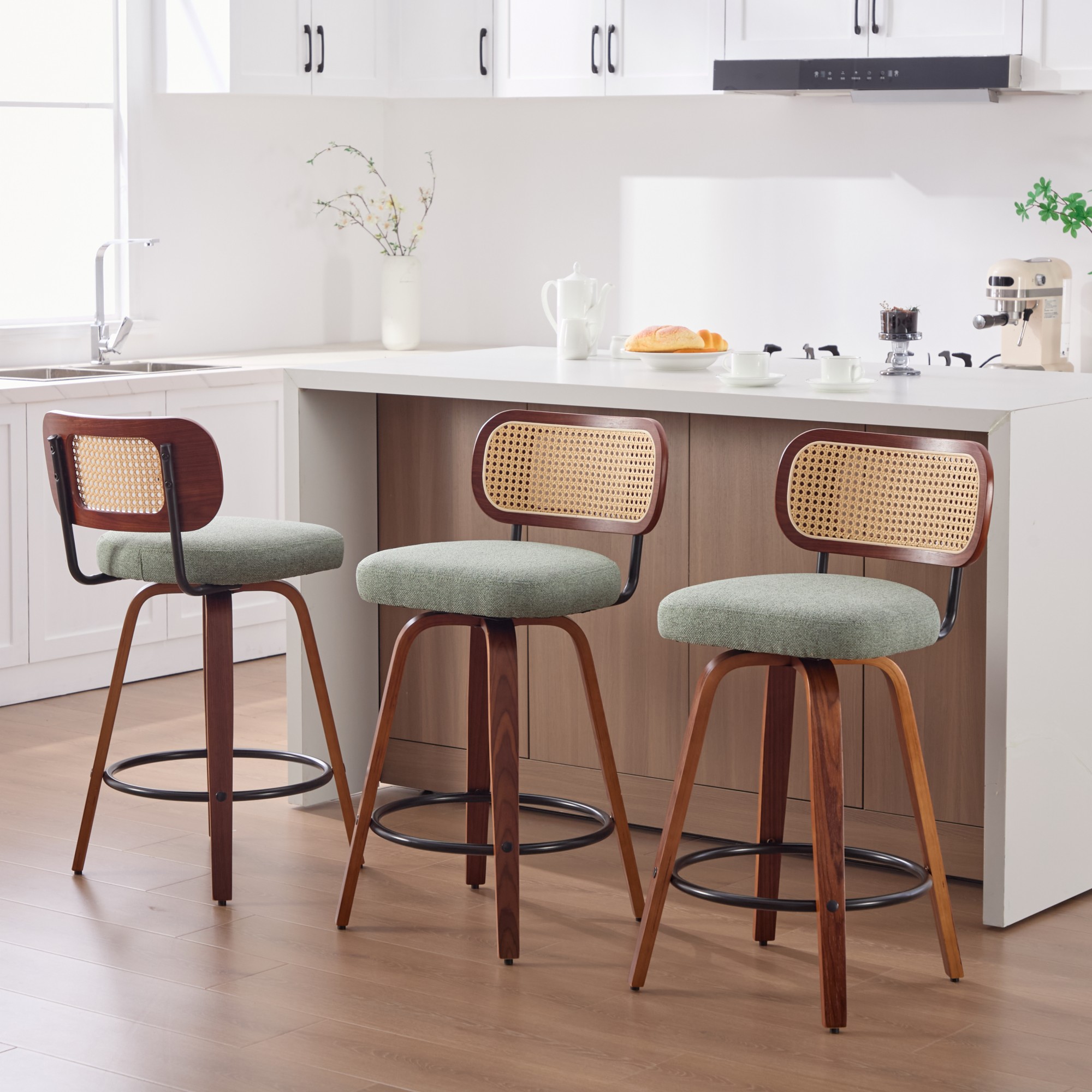 Tabouret de bar, lot de 3, assise rembourrée, rotation à 360°, détails en rotin, 56 x 43 x 90 cm, rotin et métal, vert - vue 1