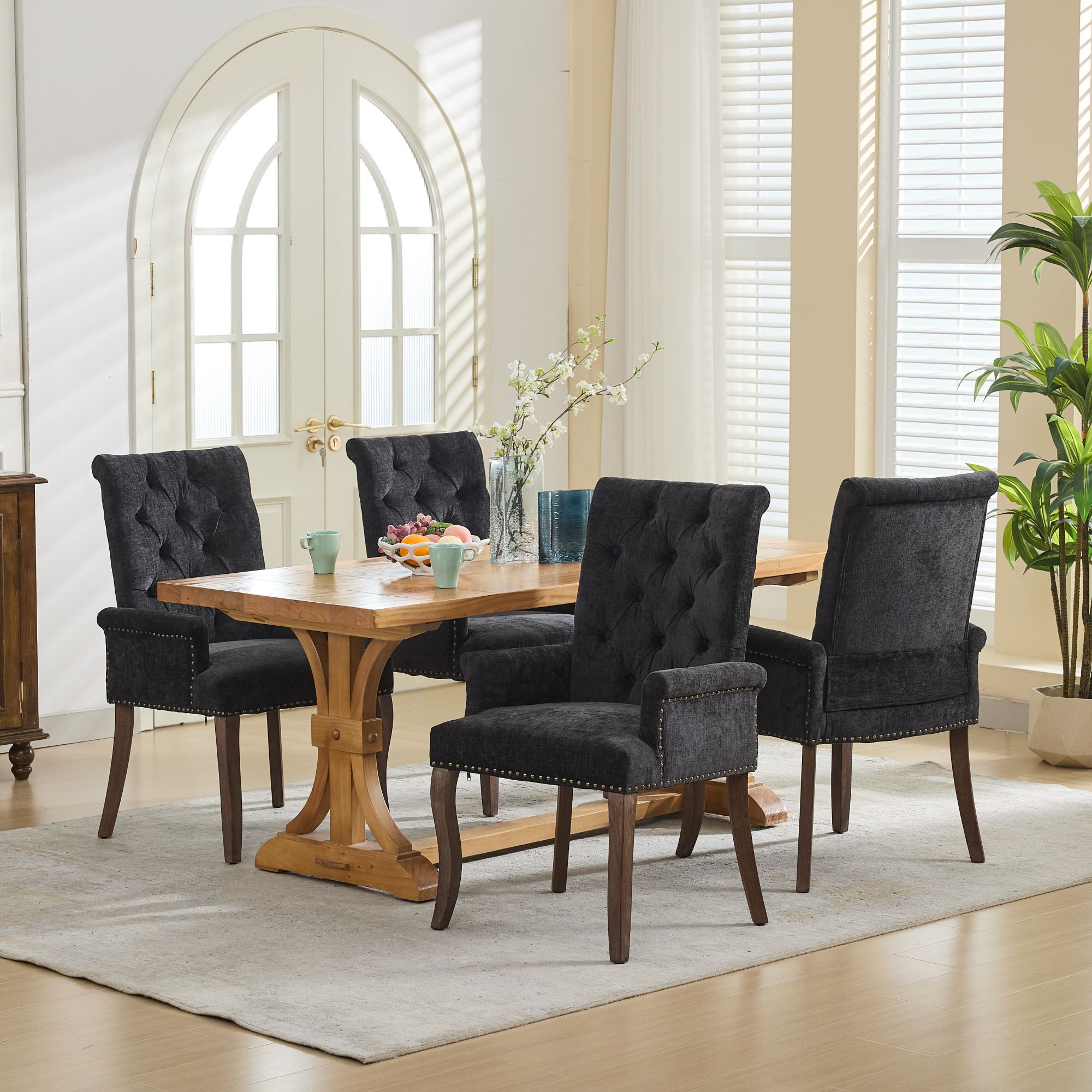Chaise avec accoudoirs en bois massif, tissu chenille, dossier losange à boutons, capacité 300 lbs, pour salle à manger et salon, design classique, confort supérieur, durabilité, style élégant, stabilité, facile entretien - image 21