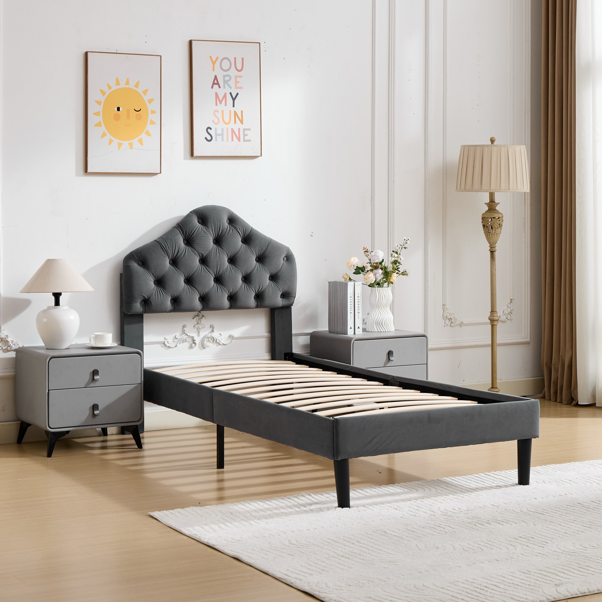 Lit en velours avec tête nuage réglable, barre renforcée, sommier bois lattes denses, pour chambre, confort supérieur, stabilité renforcée, design élégant, durabilité, utilisation flexible, style luxueux, fonctionnalité - image 15