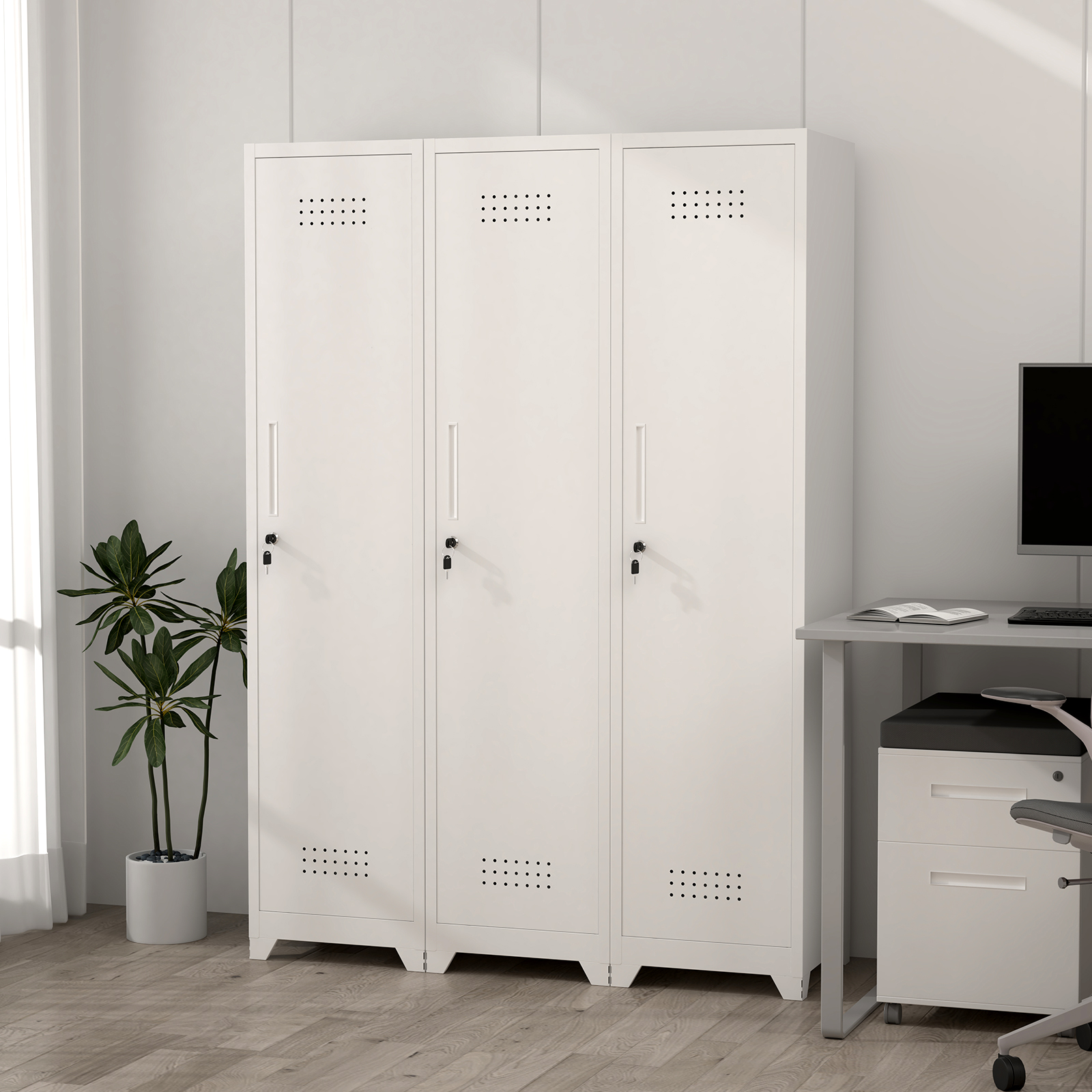 Caisson de bureau, rangement intégré, 165 x 40 x 40 cm, métal, blanc - vue 2