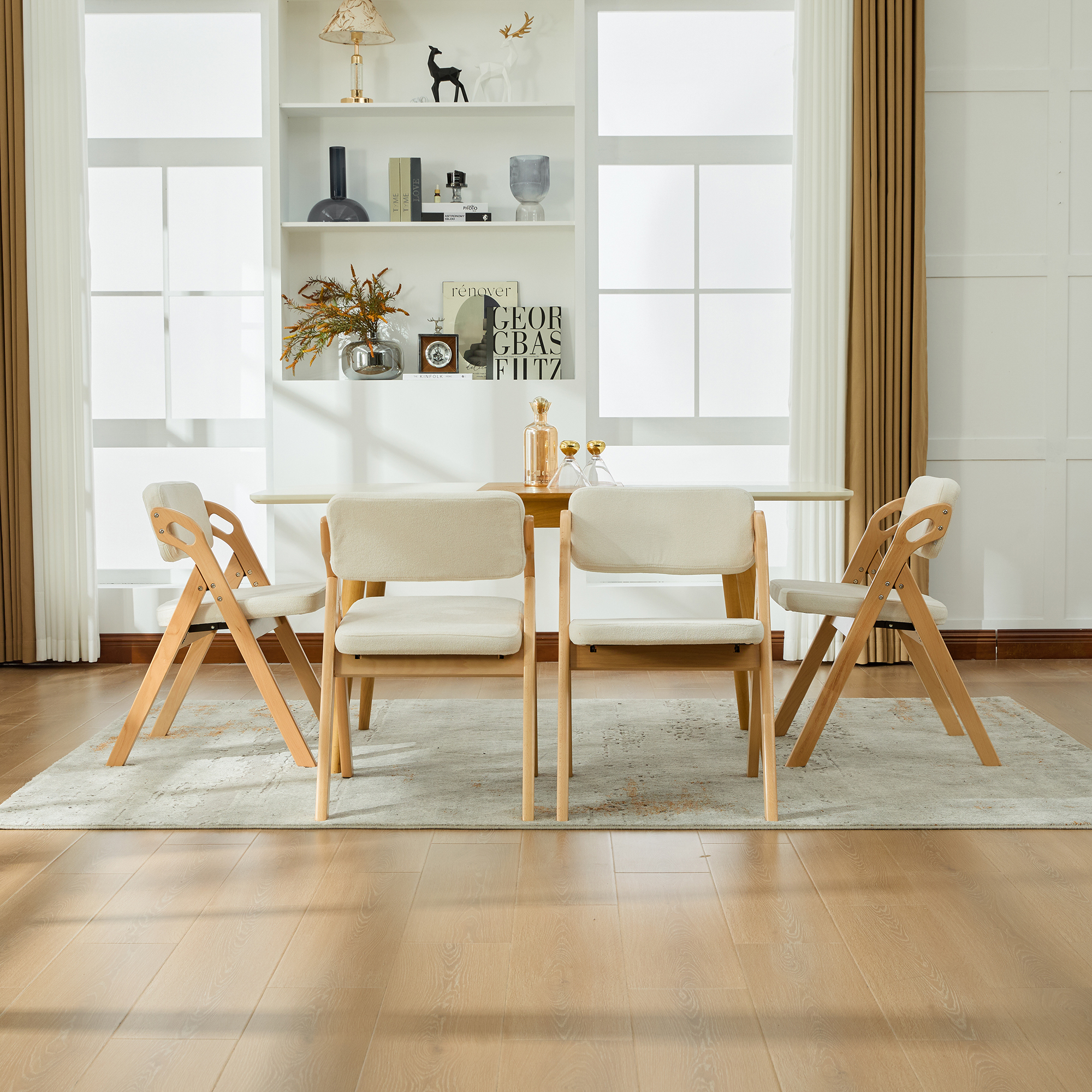 Chaise de salle à manger, lot de 4, structure pliante, conception empilable, assise rembourrée, 59 x 52 x 77 cm, bois massif, beige - vue 3
