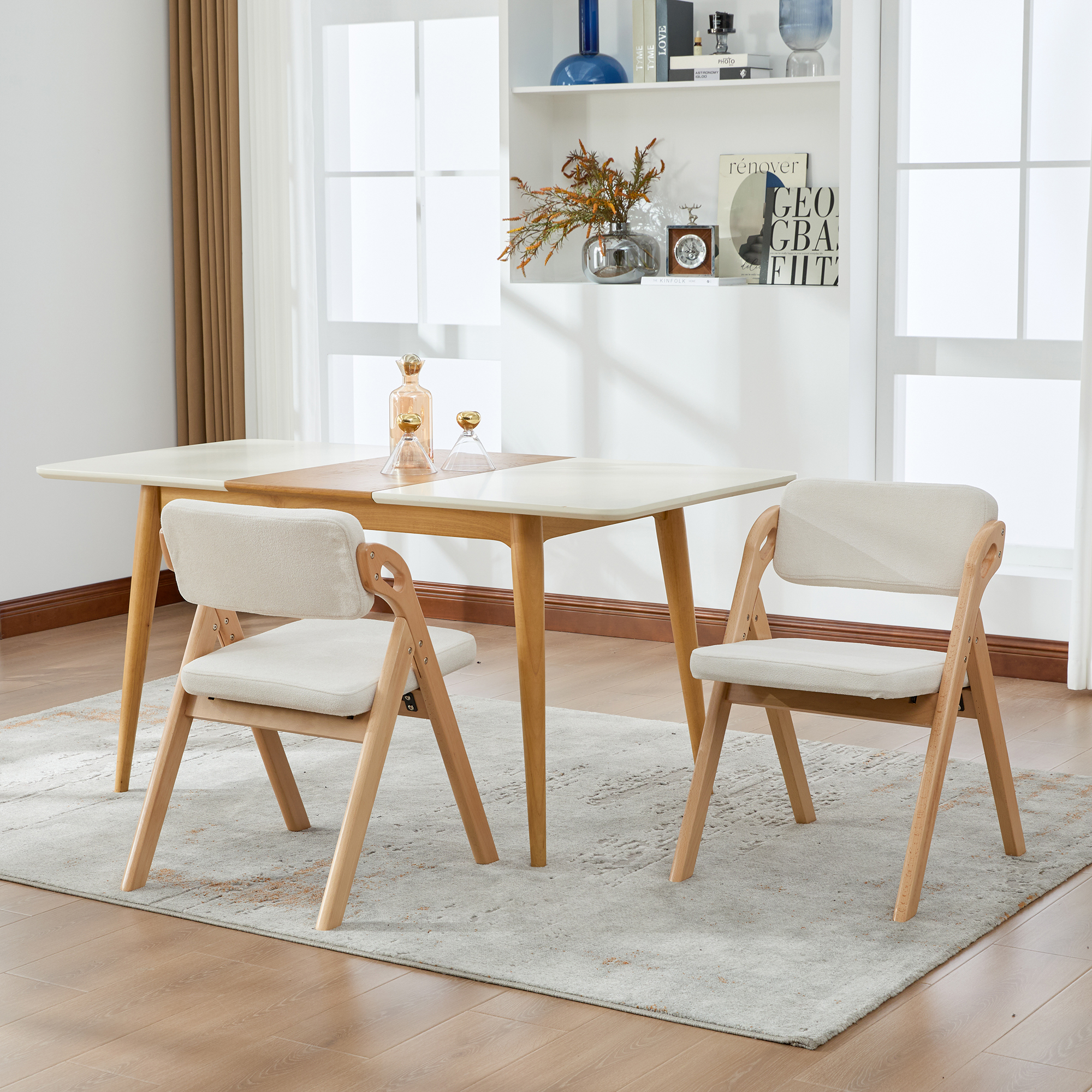 Chaise de salle à manger, lot de 2, structure pliante, conception empilable, assise rembourrée, 59 x 52 x 77 cm, bois massif, beige - vue 2
