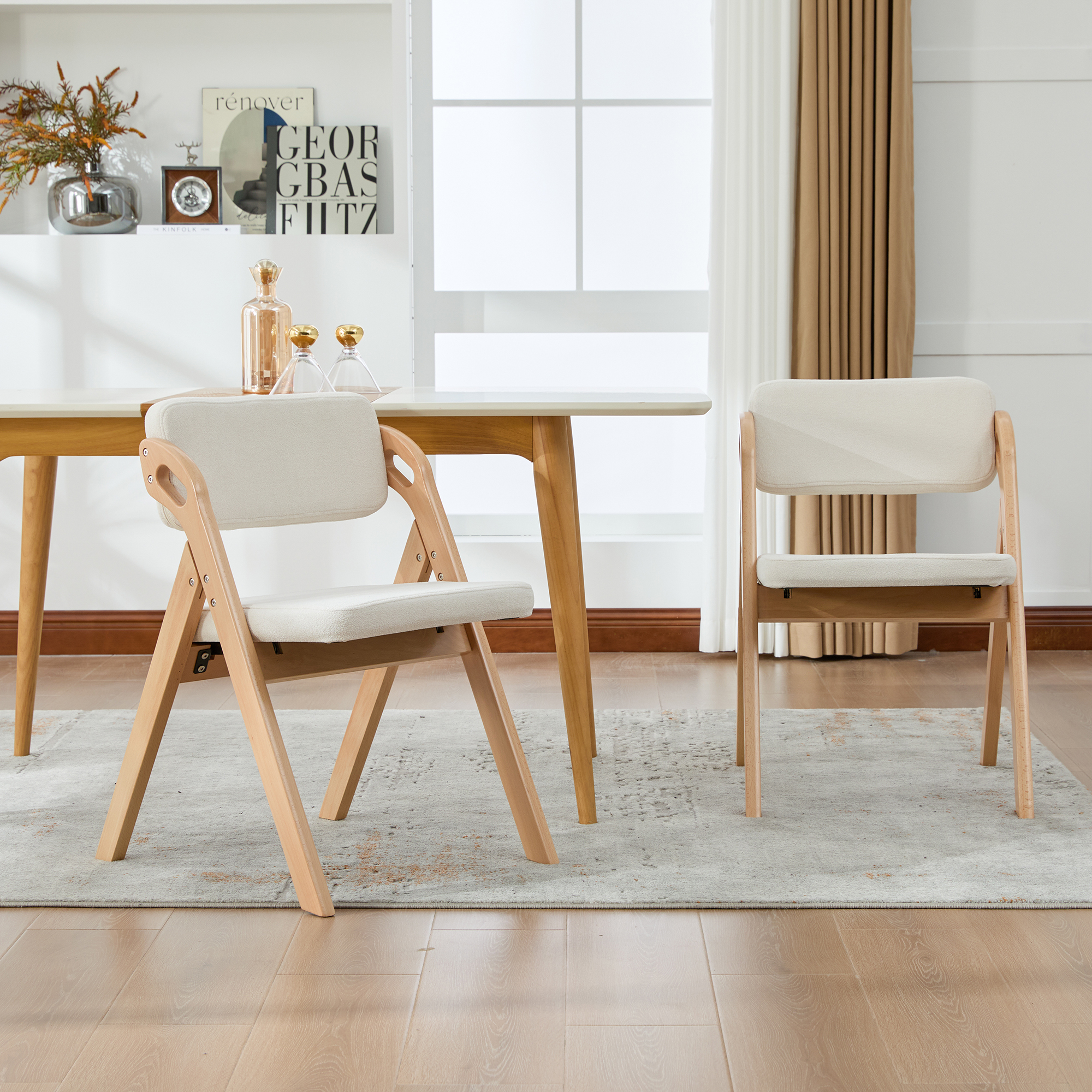 Chaise de salle à manger, lot de 2, structure pliante, conception empilable, assise rembourrée, 59 x 52 x 77 cm, bois massif, beige - vue 1