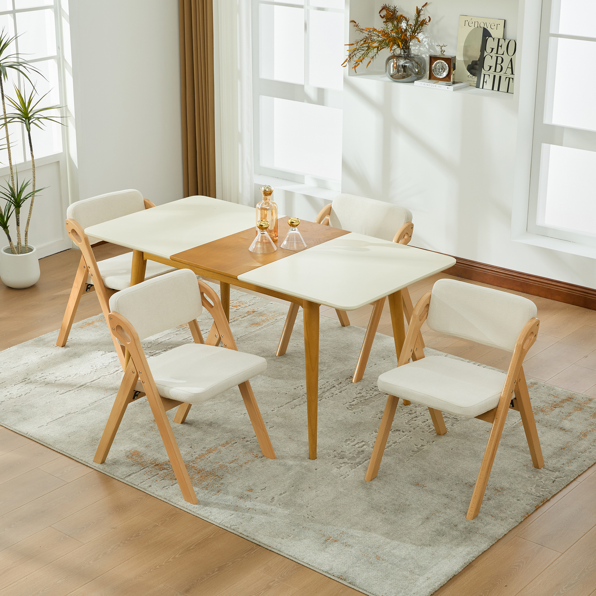 Chaise de salle à manger, lot de 4, structure pliante, conception empilable, assise rembourrée, 59 x 52 x 77 cm, bois massif, beige - vue 4