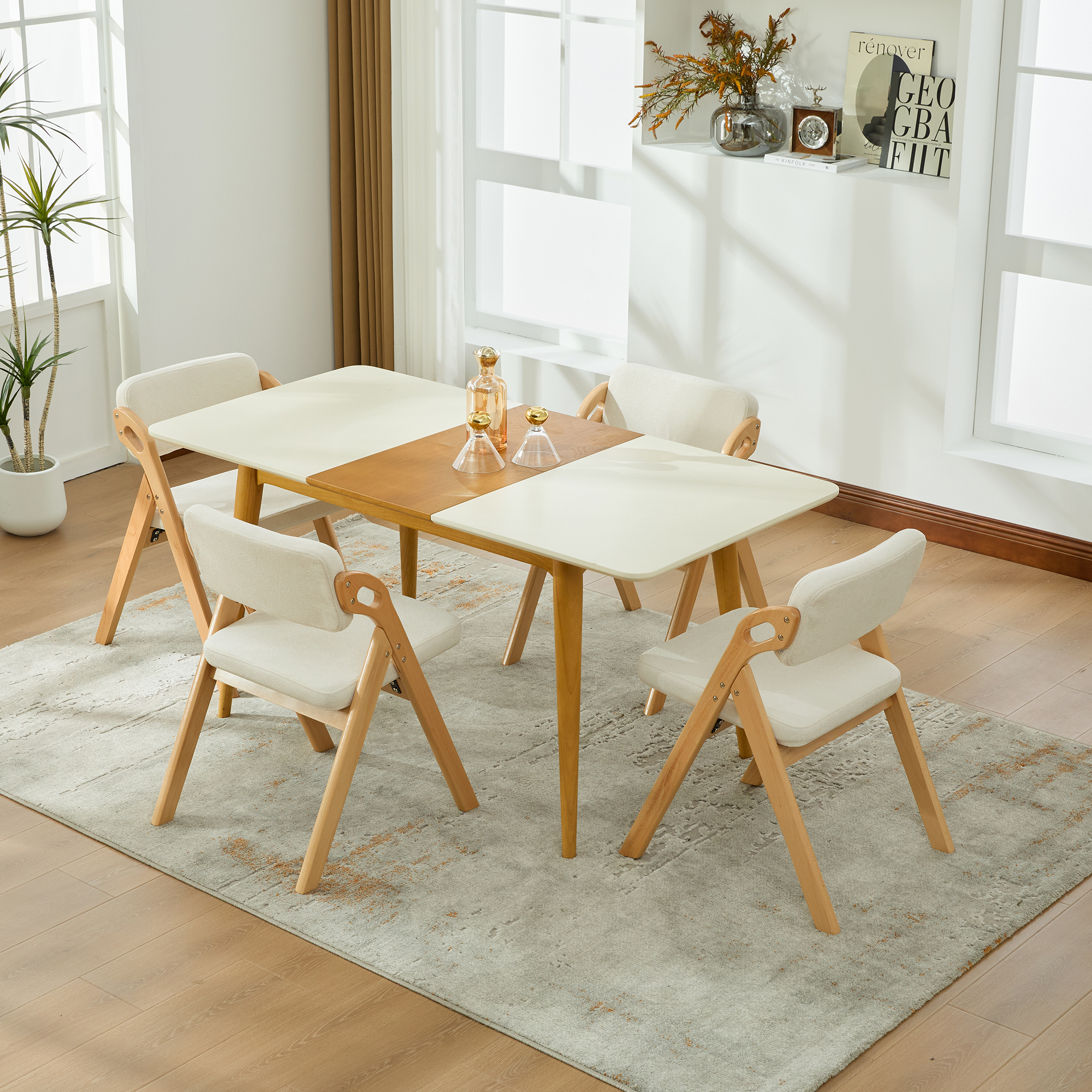 Chaise de salle à manger, lot de 4, structure pliante, conception empilable, assise rembourrée, 59 x 52 x 77 cm, bois massif, beige - vue 2
