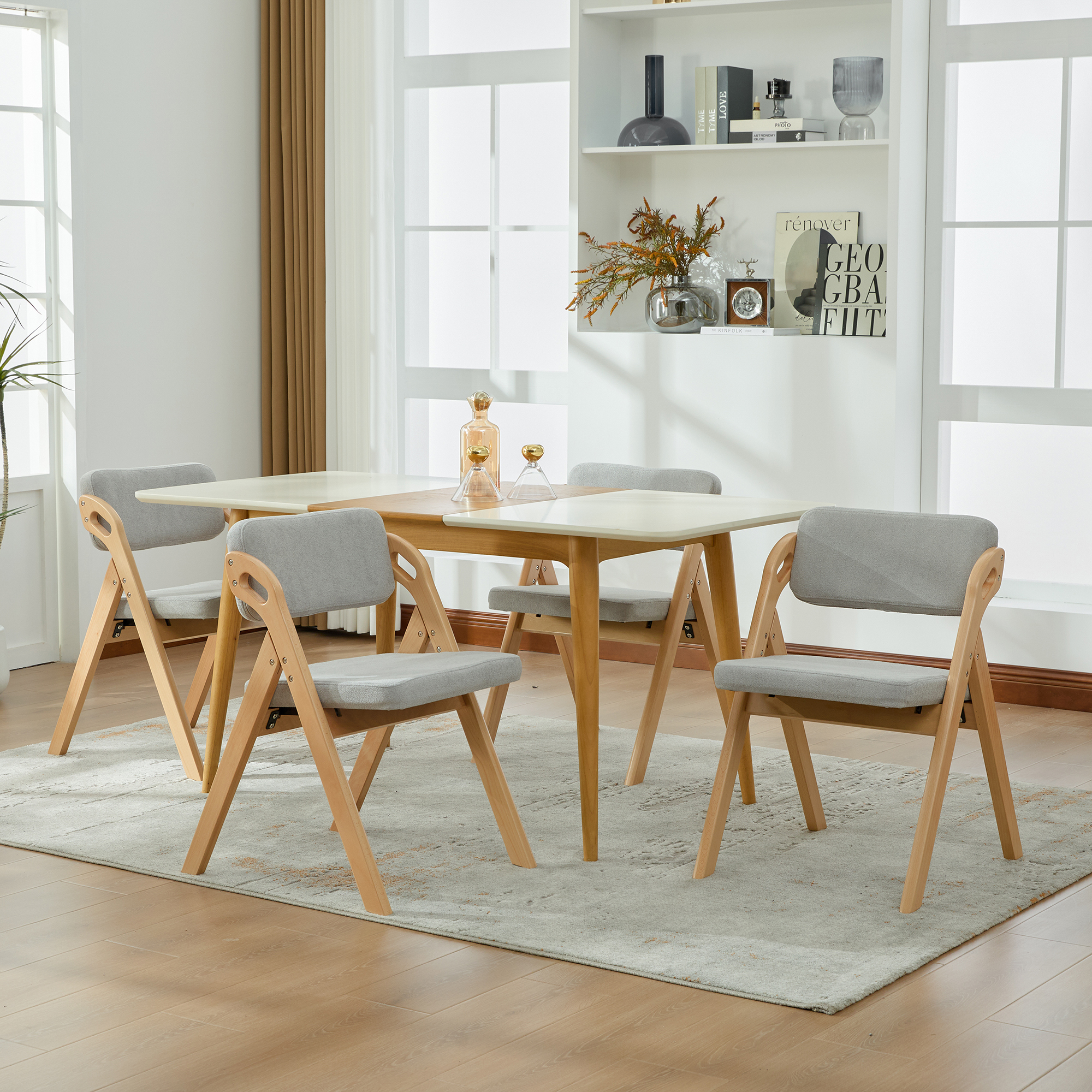 Chaise de salle à manger, lot de 4, structure pliante, conception empilable, assise rembourrée, 59 x 52 x 77 cm, bois massif, gris - vue 4