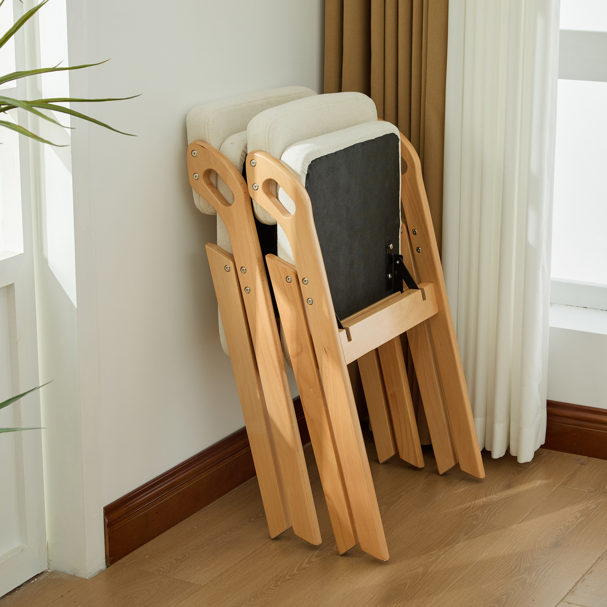 Chaise pliante en bois avec assise rembourrée, mousse haute élasticité, dossier épaissi, housse amovible lavable, tissu lin respirant, pour extérieur, fêtes et salle à manger, gain de place, confort et praticité - image 3