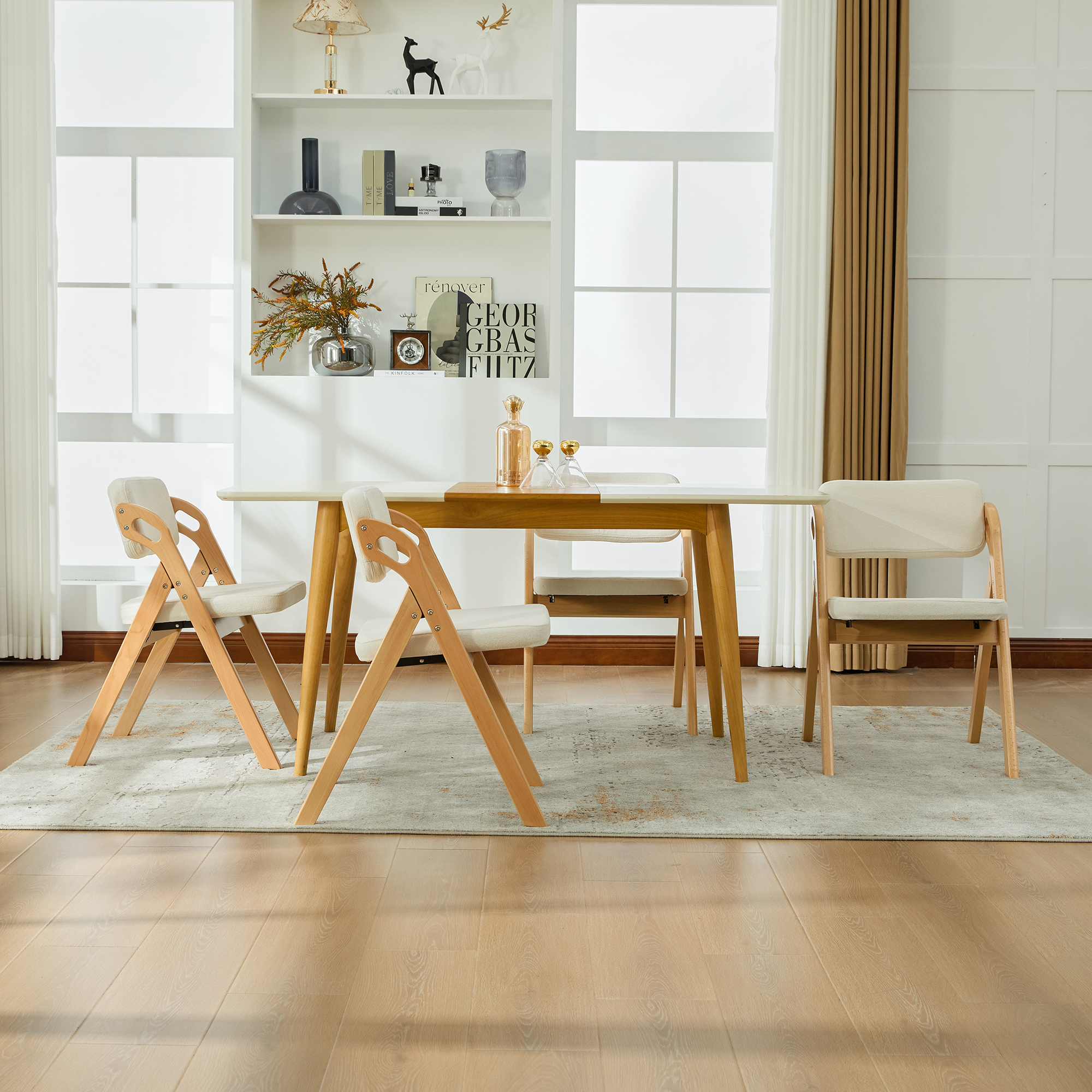 Chaise de salle à manger, lot de 4, structure pliante, conception empilable, assise rembourrée, 59 x 52 x 77 cm, bois massif, beige - vue 5