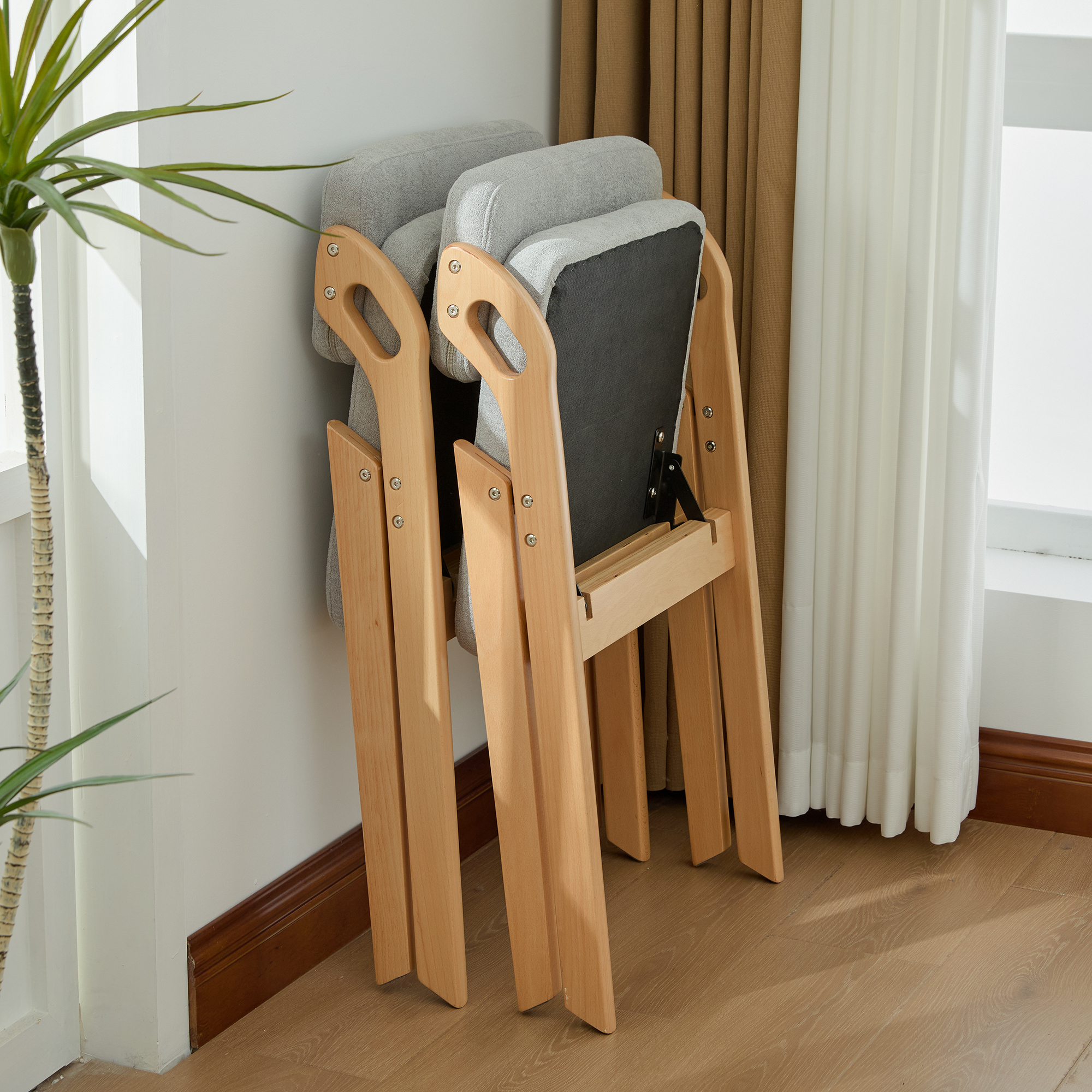 Chaise de salle à manger, lot de 4, structure pliante, conception empilable, assise rembourrée, 59 x 52 x 77 cm, bois massif, gris - vue 5