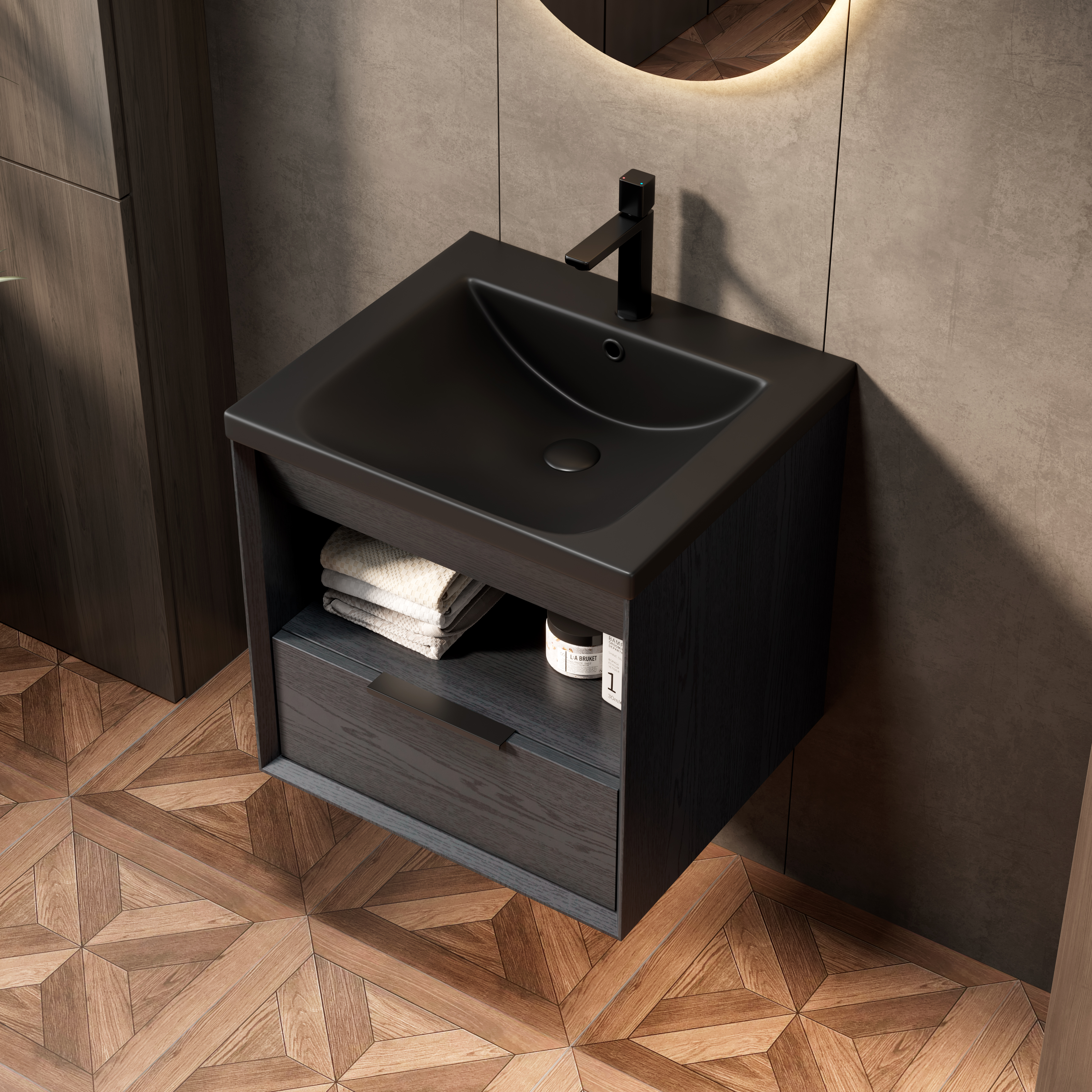 Meuble vasque de salle de bains, avec tiroirs, 51,5 x 47 x 51,5 cm, contreplaqué et céramique, noir - vue 4