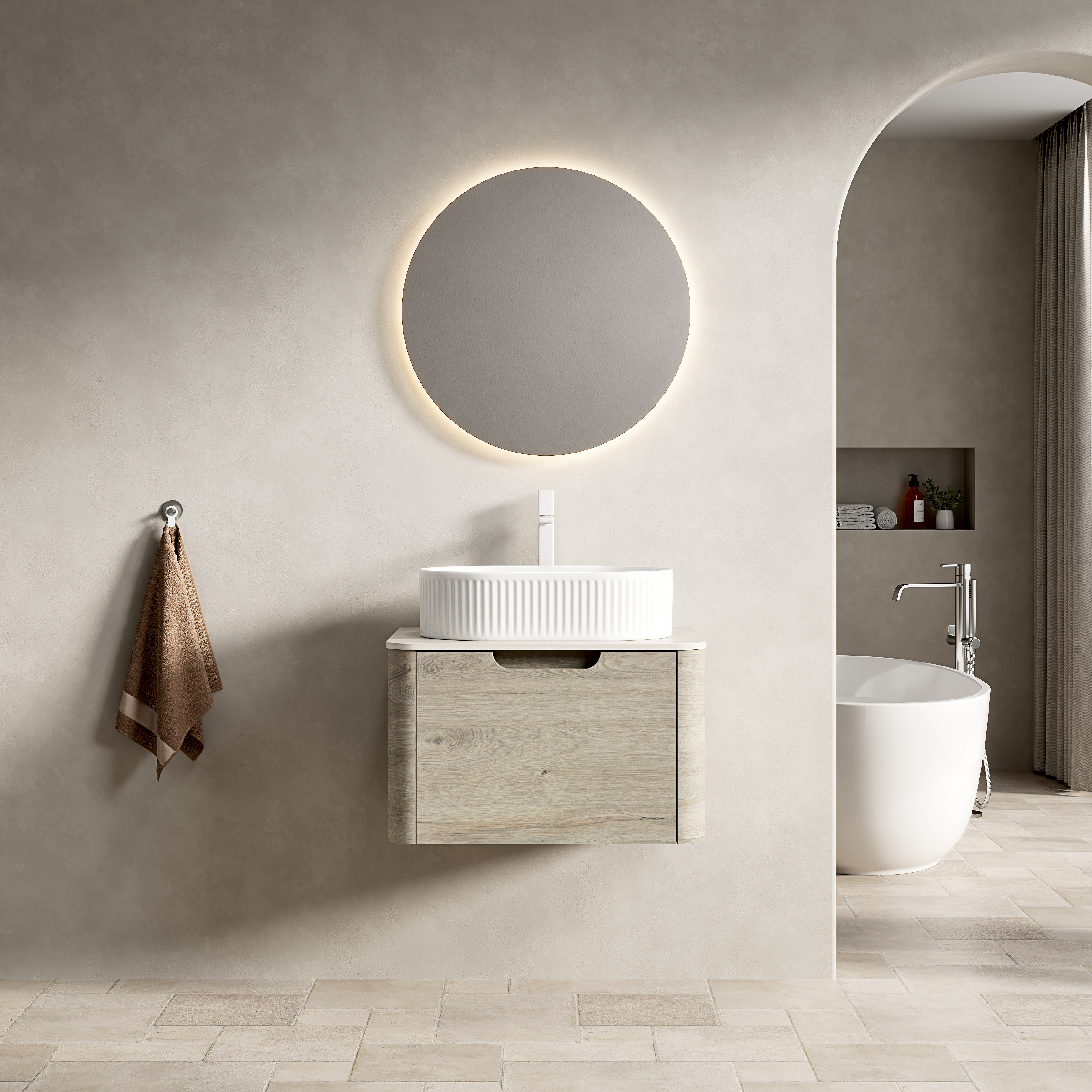 Meuble vasque de salle de bains, avec tiroirs, 60 x 46 x 50,2 cm, pierre frittée et contreplaqué, blanc - vue 1