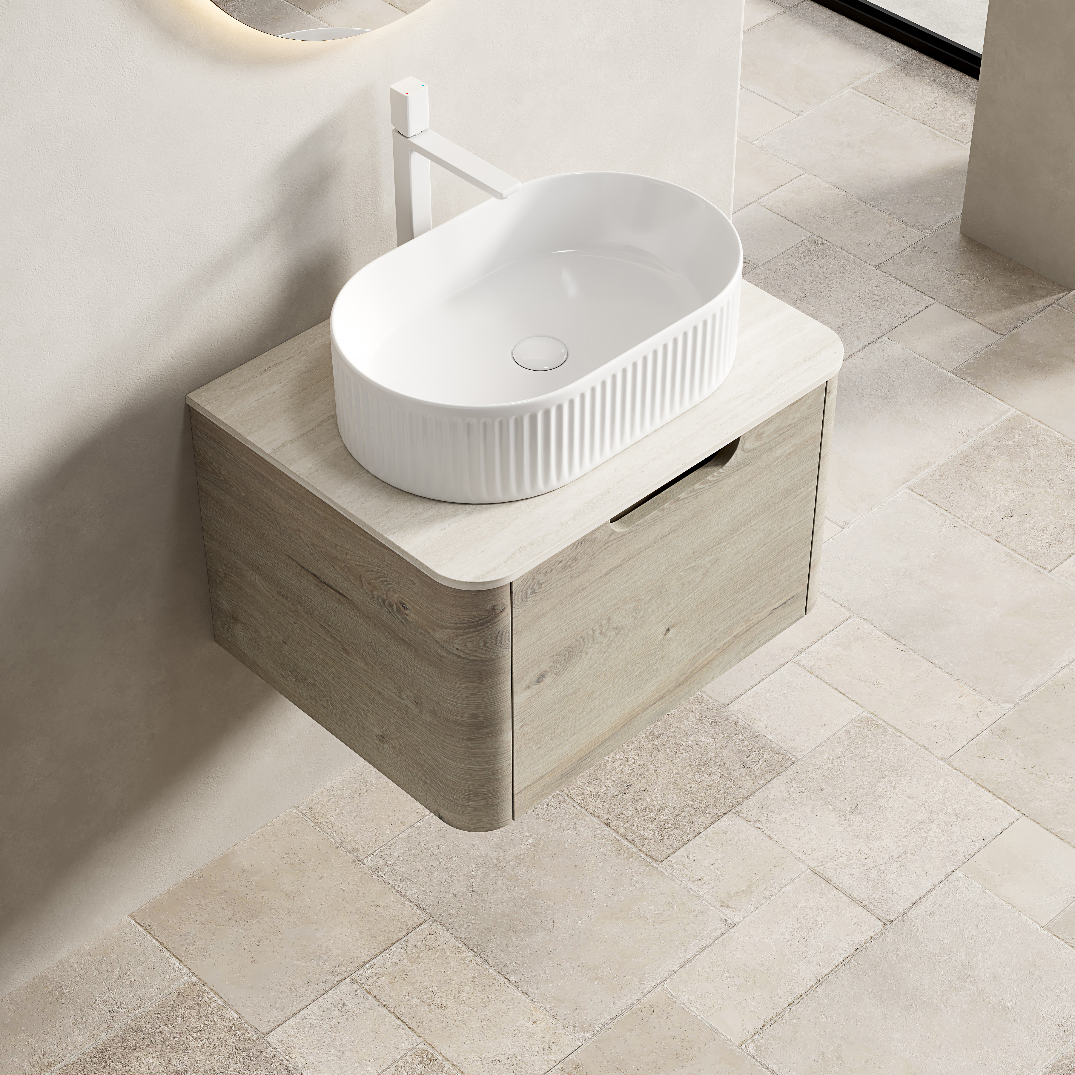 Meuble vasque de salle de bains, avec tiroirs, 60 x 46 x 50,2 cm, pierre frittée et contreplaqué, blanc - vue 2