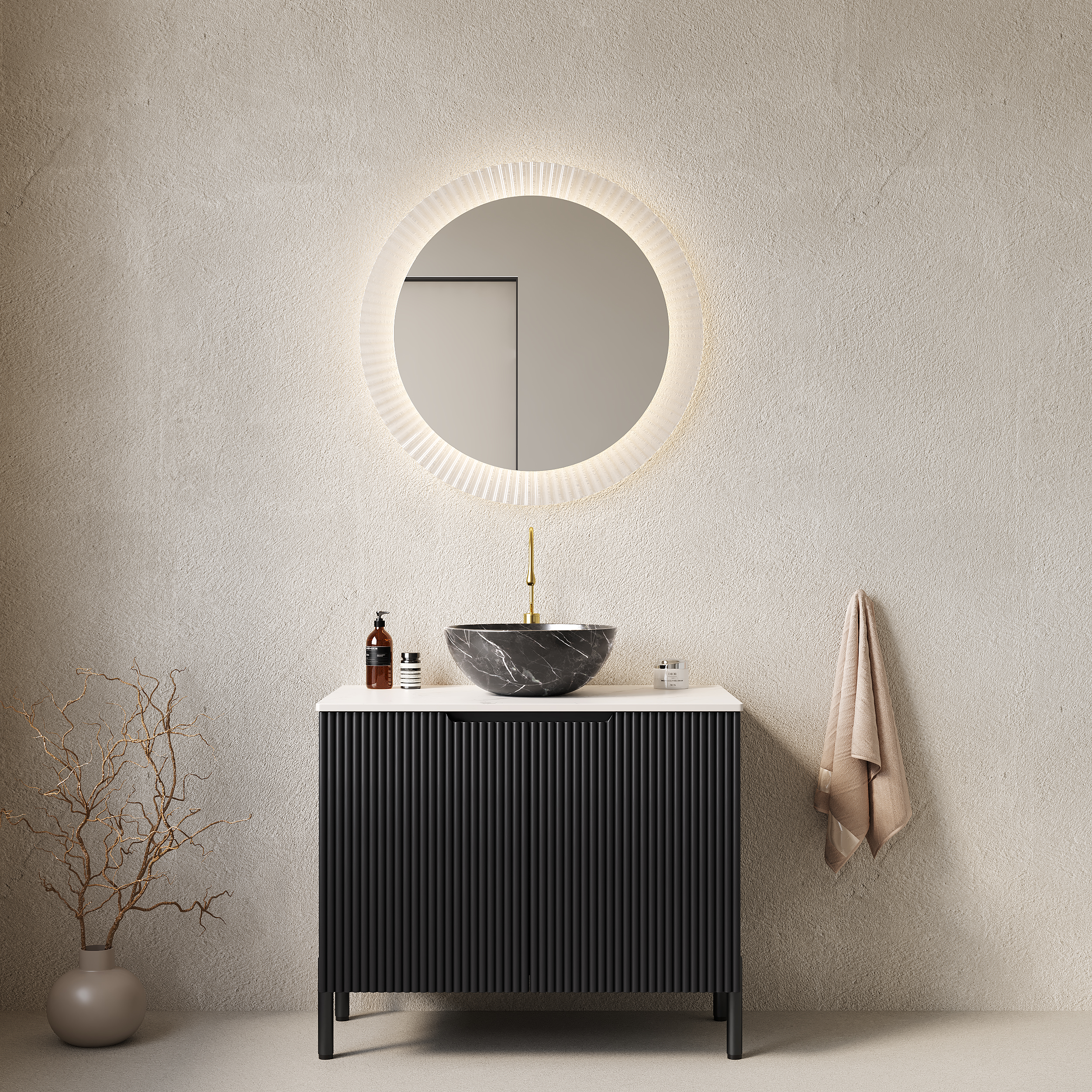 Meuble vasque de salle de bains, 76 x 48 x 89 cm, pierre frittée et céramique, noir - vue 1