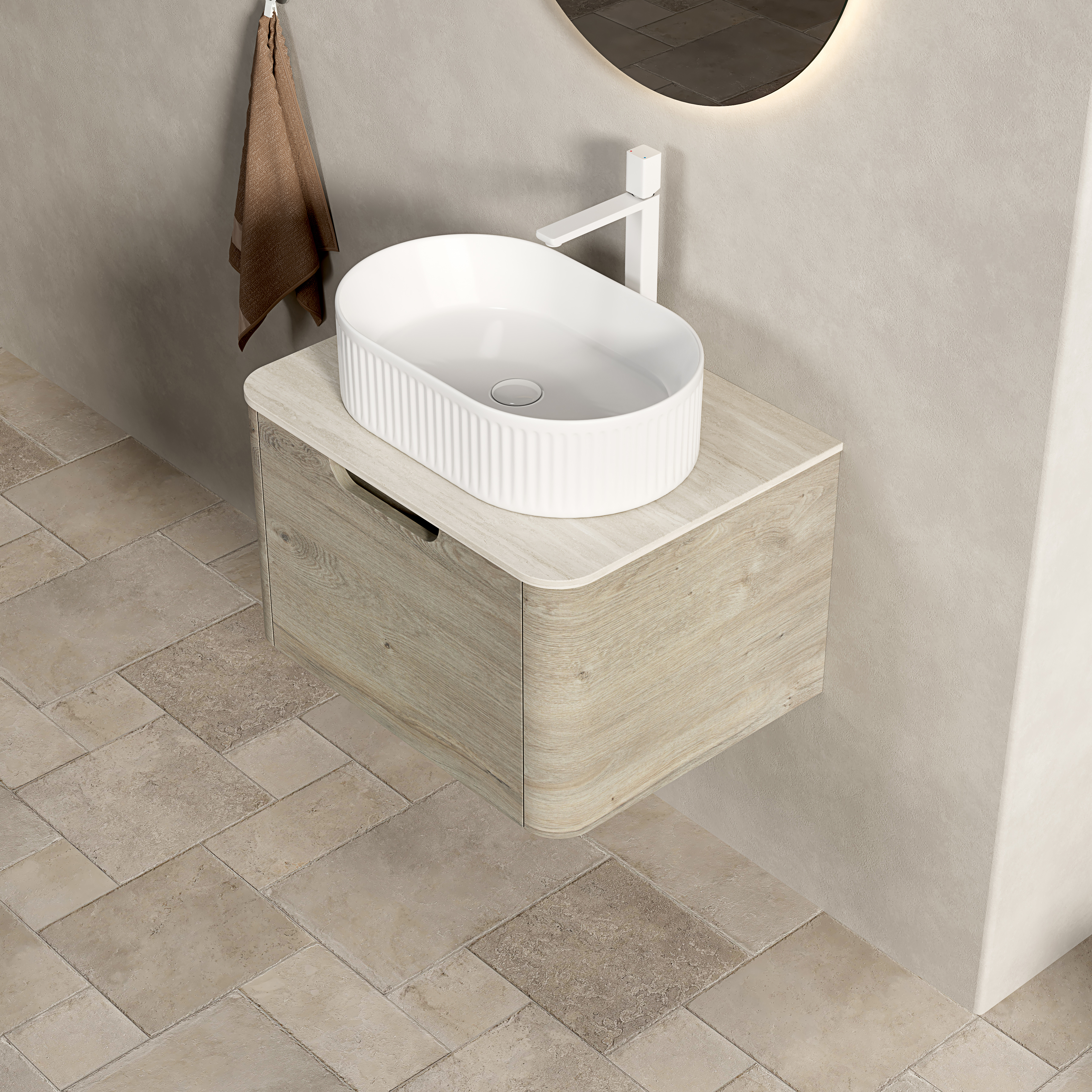 Meuble vasque de salle de bains, avec tiroirs, 60 x 46 x 50,2 cm, pierre frittée et contreplaqué, blanc - vue 6