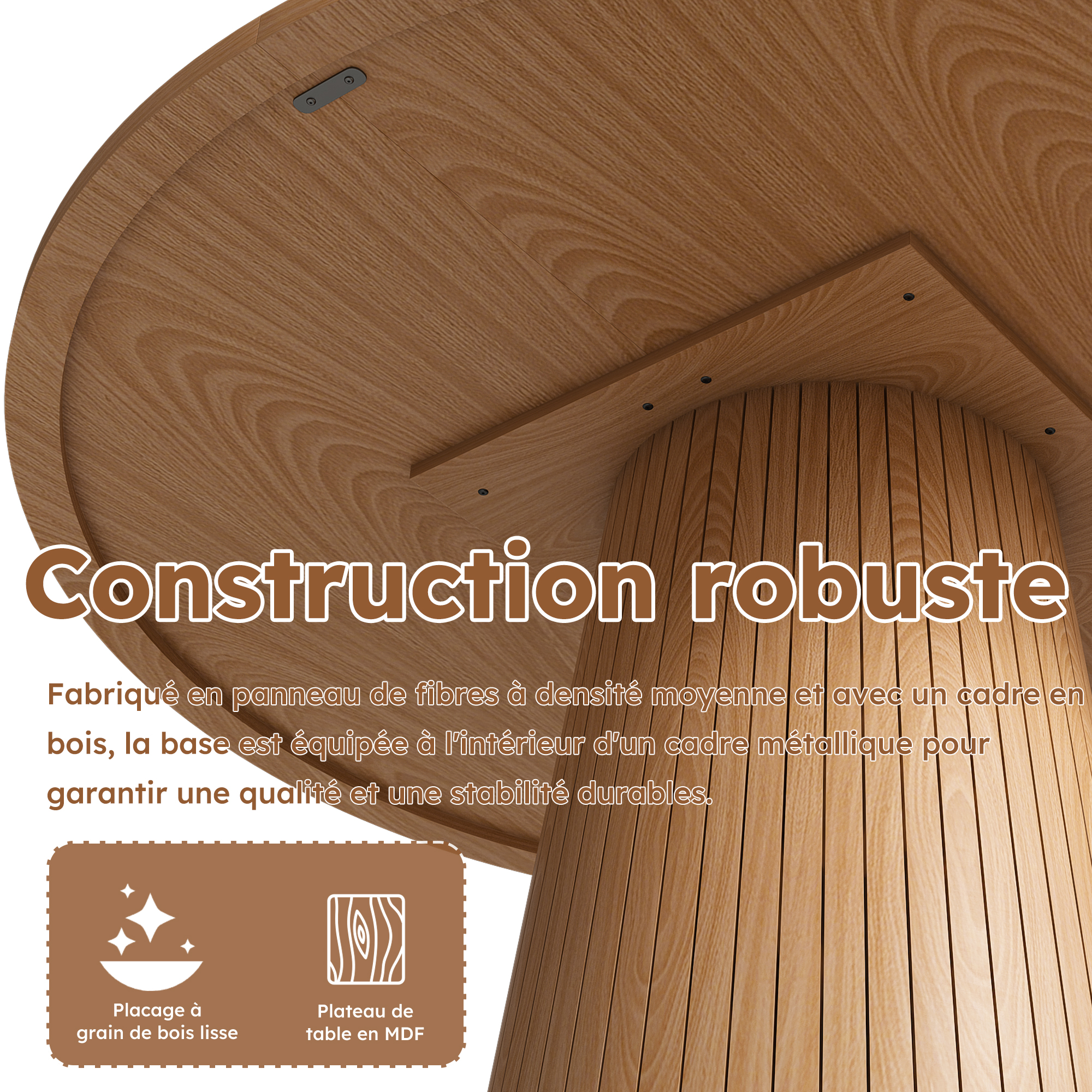 Table à manger ronde Ø110 x H75 cm pour 4 personnes, piètement colonne, MDF, Effet chêne - dimensions et détails