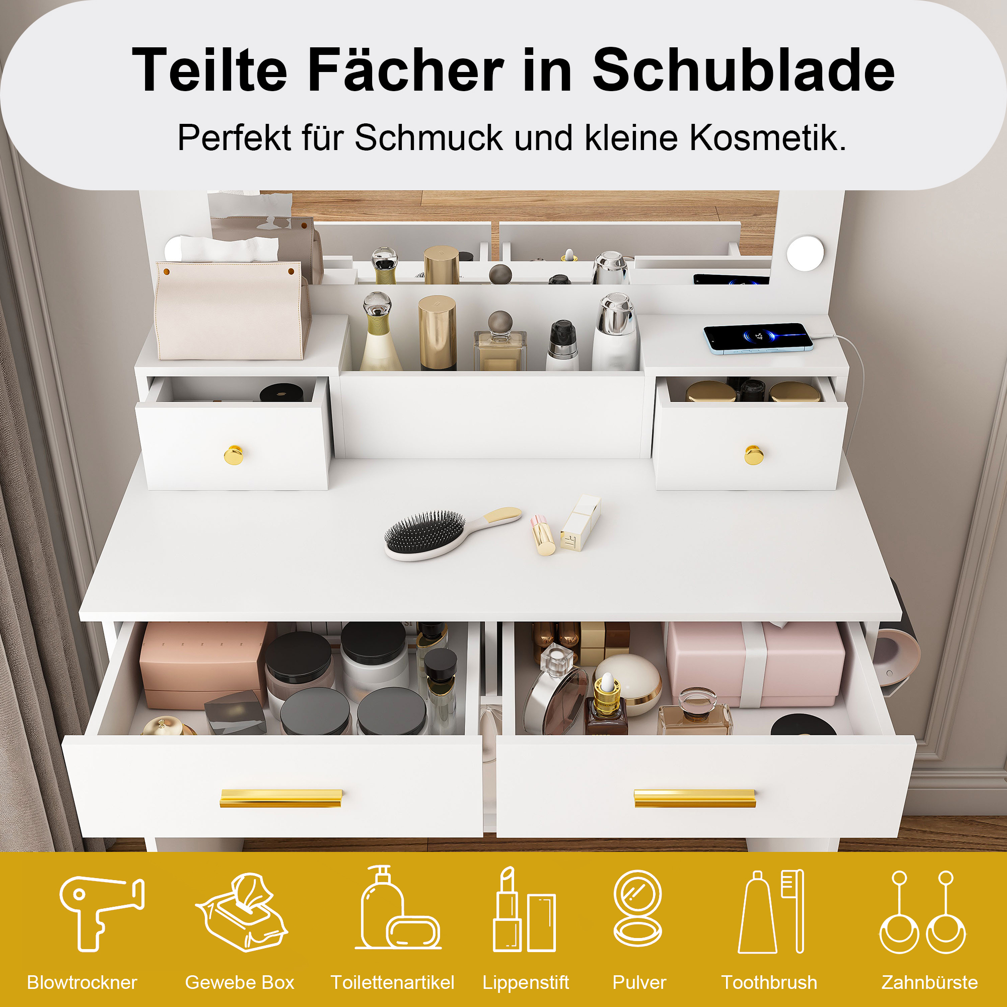 Coiffeuse avec éclairage LED professionnel 3 températures de couleur, prise intégrée et support pour sèche-cheveux, 4 tiroirs + panier ouvert, miroir 45×60 cm, pour coiffure et maquillage, design élégant - image 3