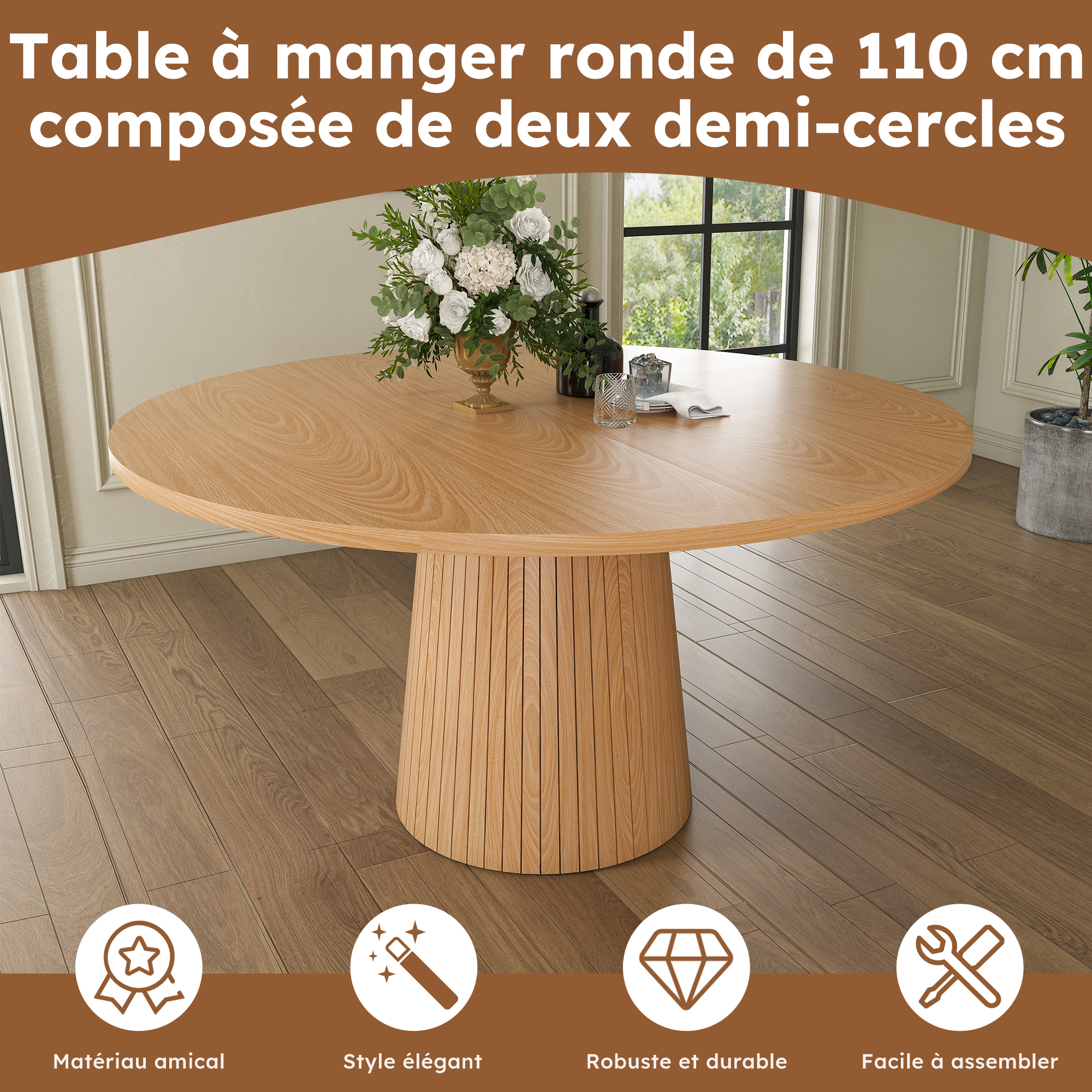 Table à manger ronde Ø110 x H75 cm pour 4 personnes, piètement colonne, MDF, Effet chêne - vue principale