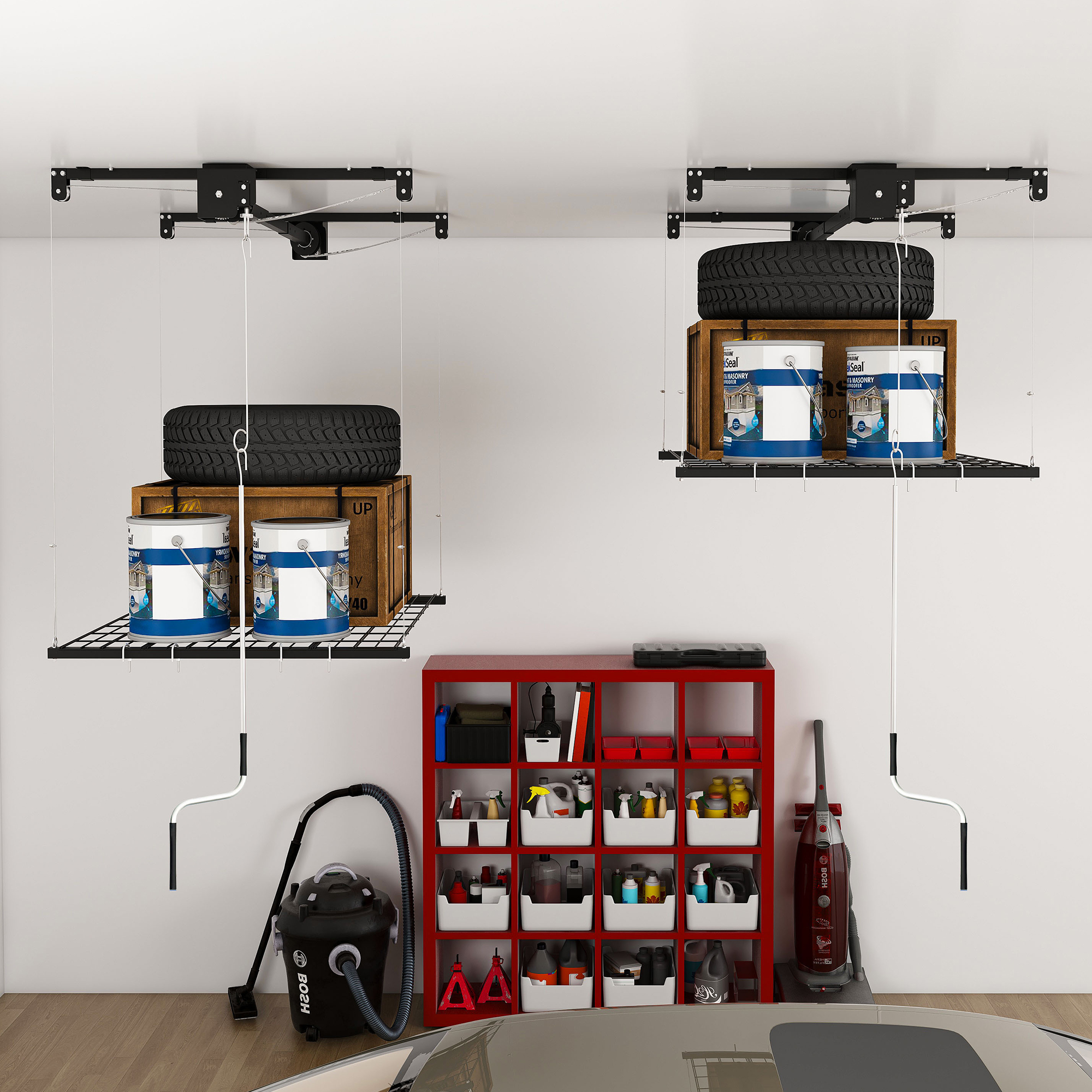 aperçu installation système rangement plafond dans garage