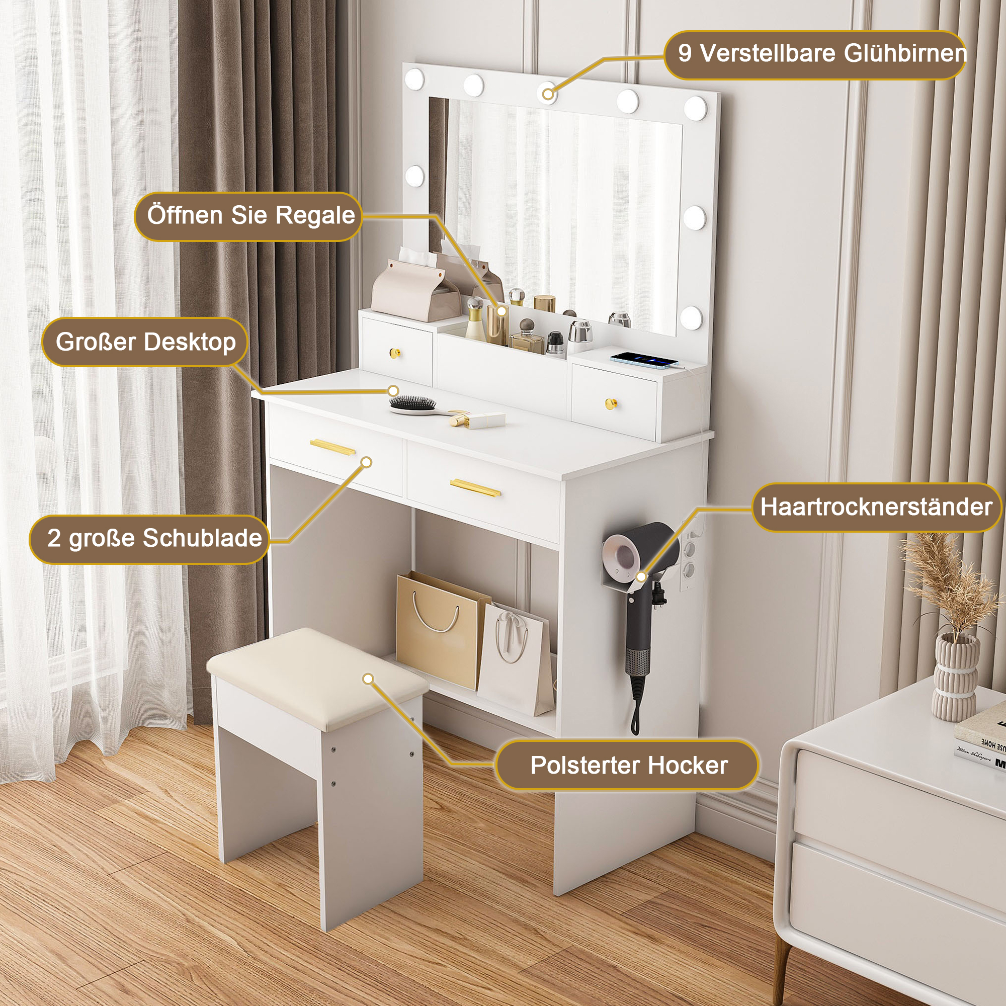 Coiffeuse avec éclairage LED professionnel 3 températures de couleur, prise intégrée et support pour sèche-cheveux, 4 tiroirs + panier ouvert, miroir 45×60 cm, pour coiffure et maquillage, design élégant - image 4
