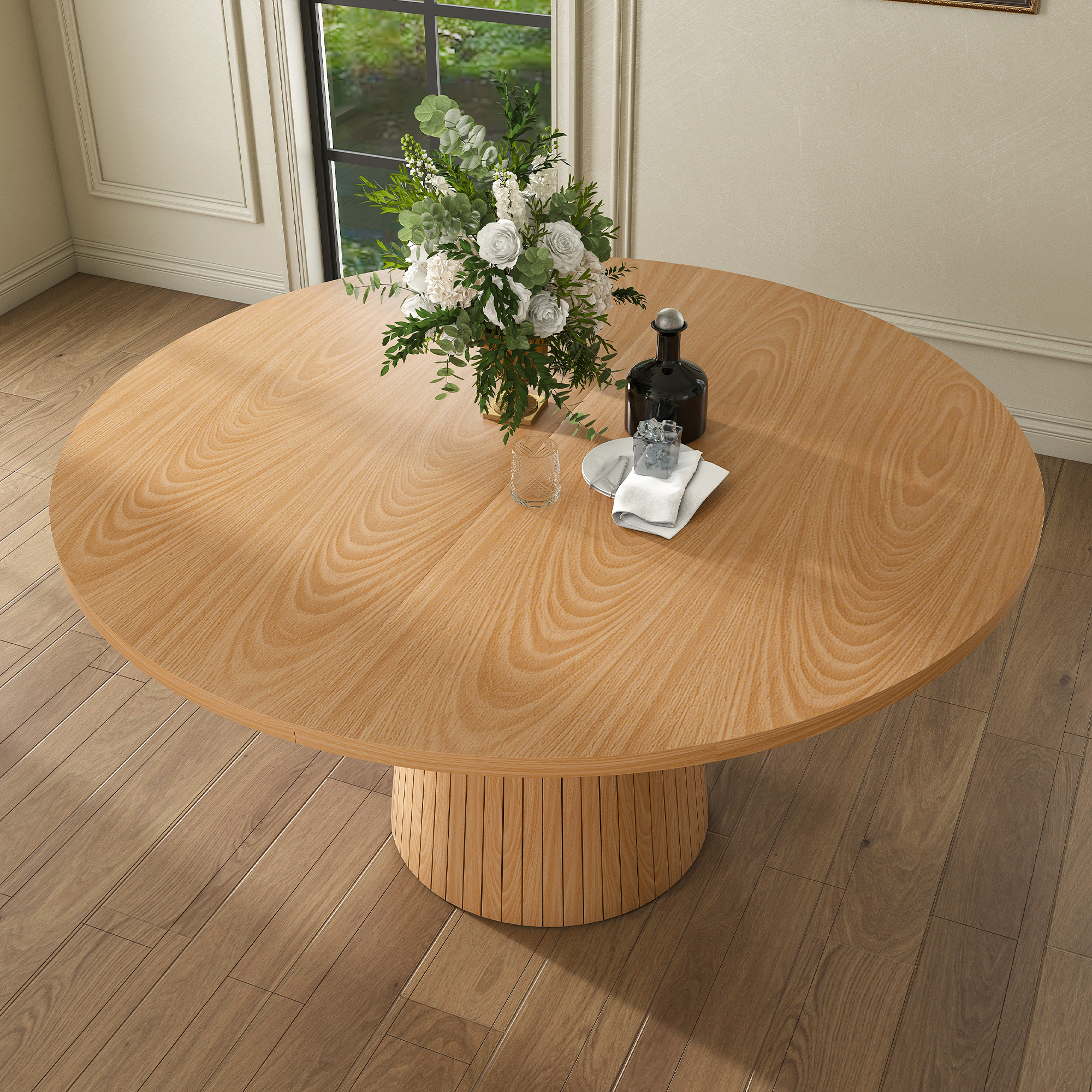 Table à manger ronde Ø110 cm pour 4 personnes, plateau MDF plaqué chêne - vue 3