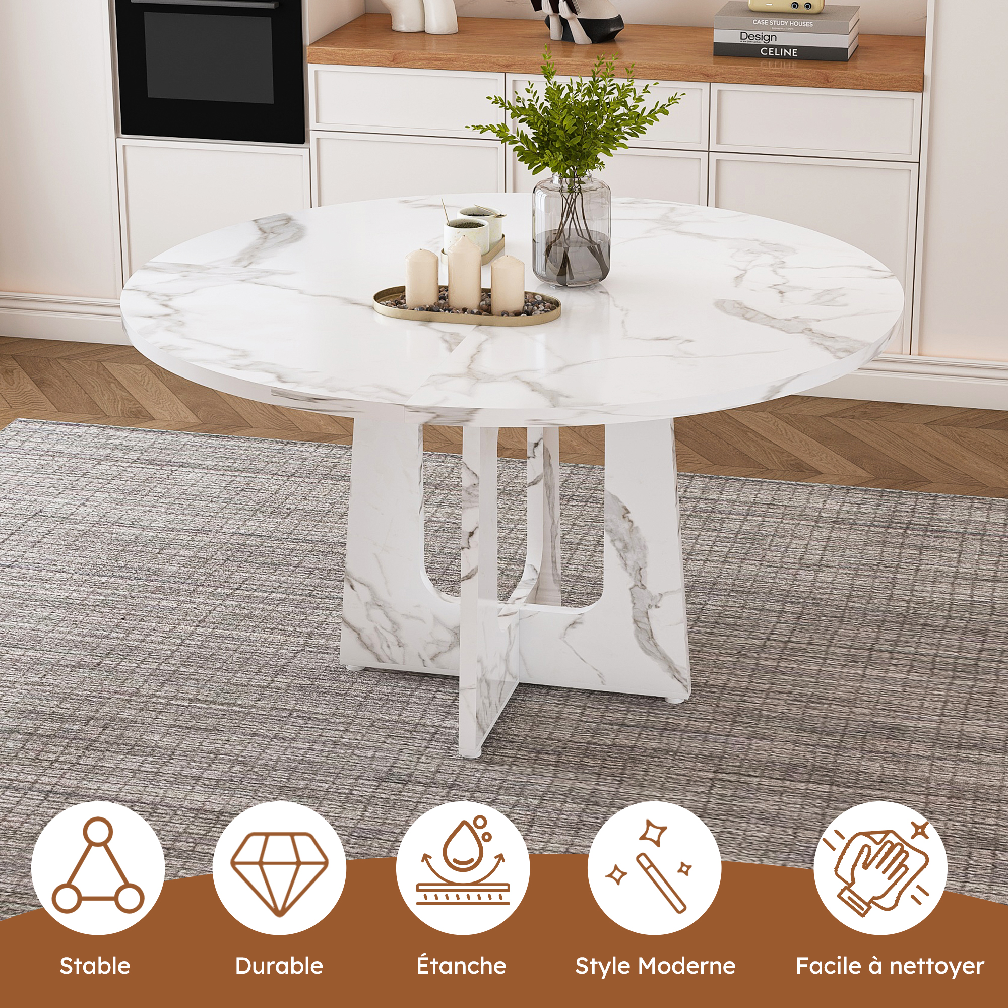 Table à manger ronde Ø120 x H76 cm pour 4 à 6 personnes, MDF, Blanc - vue complémentaire