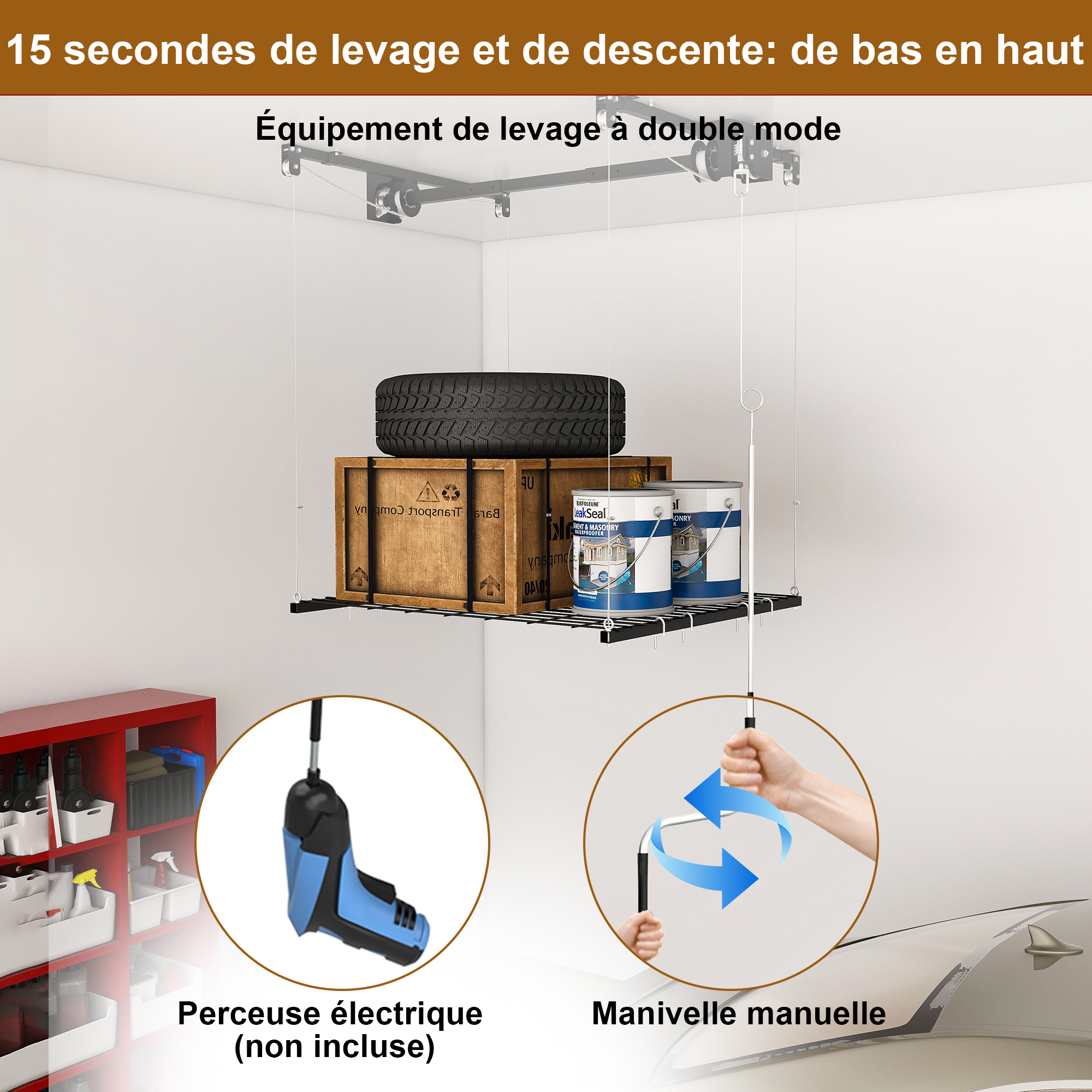 à fixer solidement aux poutres porteuses du plafond avec fixations métalliques fournies