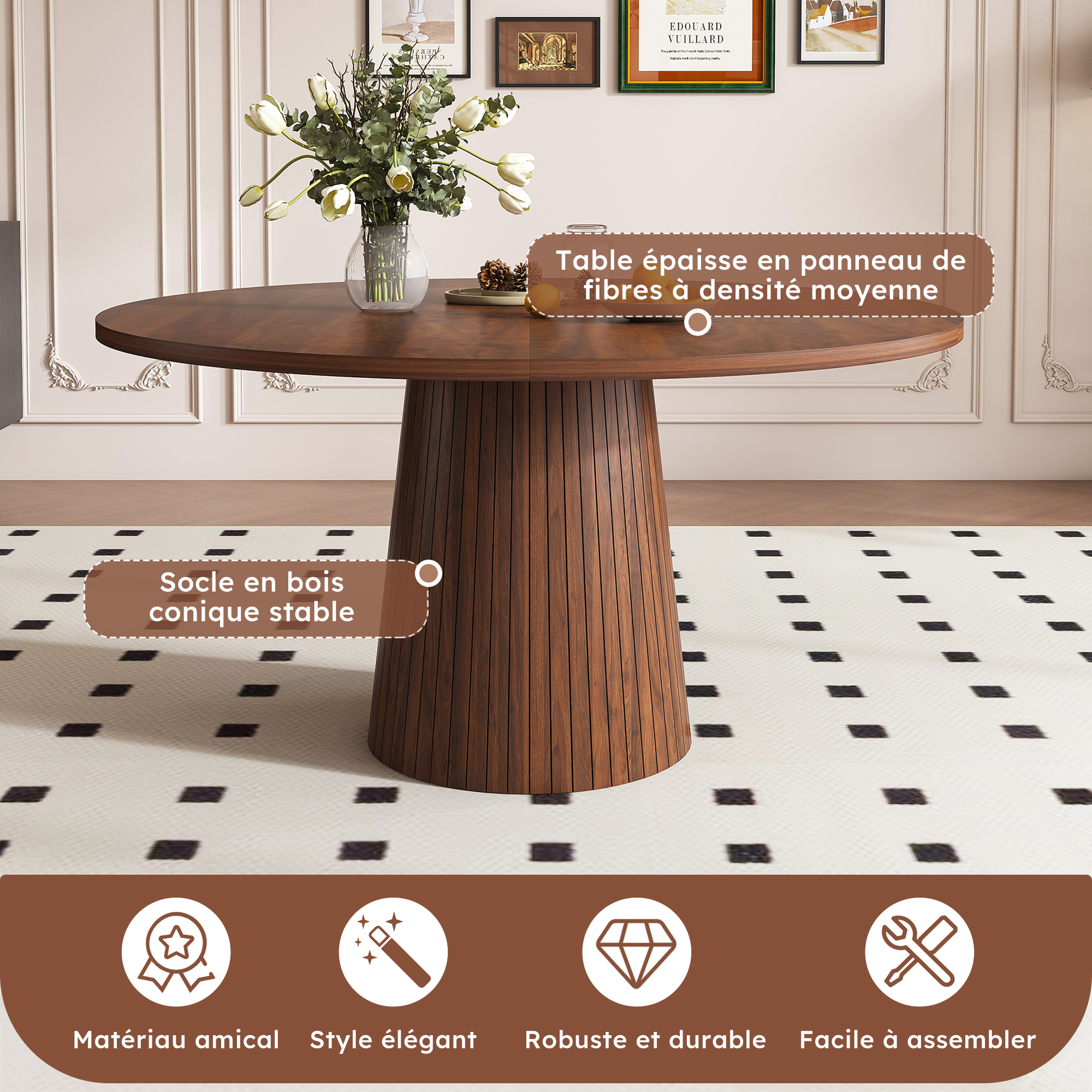 Table à manger ronde Ø110 x H75 cm pour 4 personnes, piètement colonne, MDF, Effet noyer - dimensions et détails