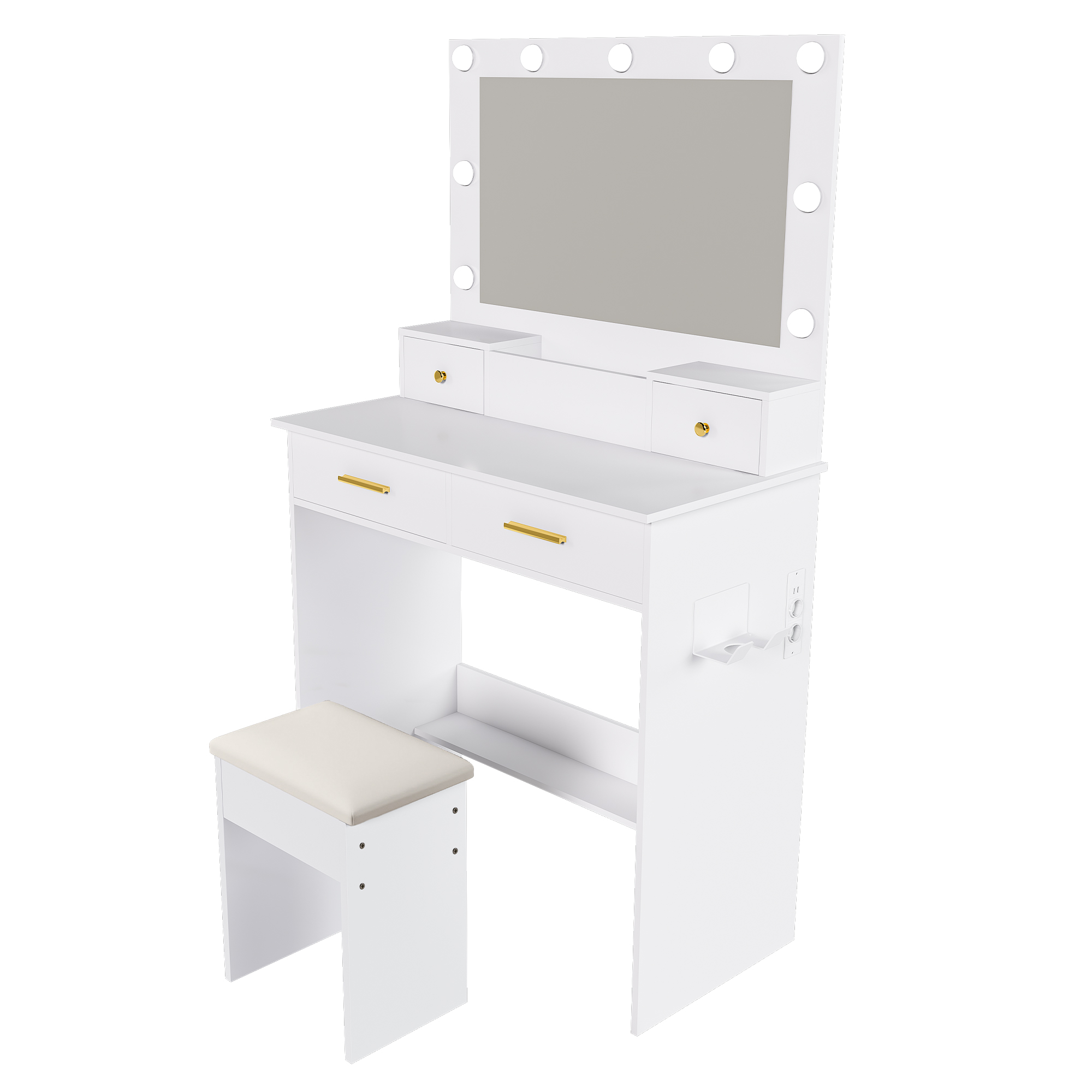 Coiffeuse avec éclairage LED professionnel 3 températures de couleur, prise intégrée et support pour sèche-cheveux, 4 tiroirs + panier ouvert, miroir 45×60 cm, pour coiffure et maquillage, design élégant - image 8