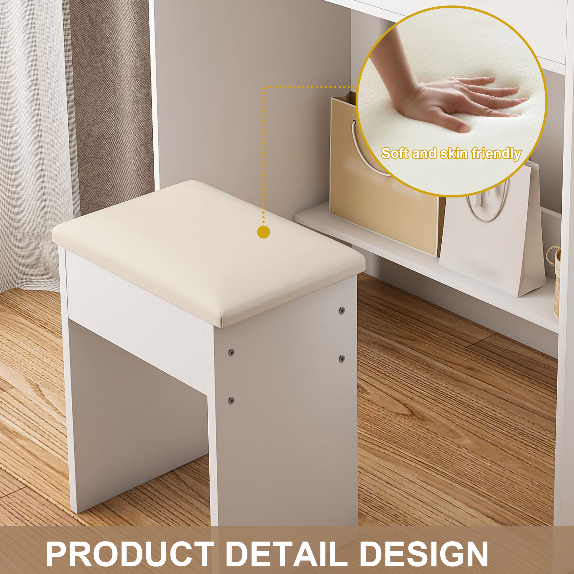 Coiffeuse avec éclairage LED professionnel 3 températures de couleur, prise intégrée et support pour sèche-cheveux, 4 tiroirs + panier ouvert, miroir 45×60 cm, pour coiffure et maquillage, design élégant - image 7