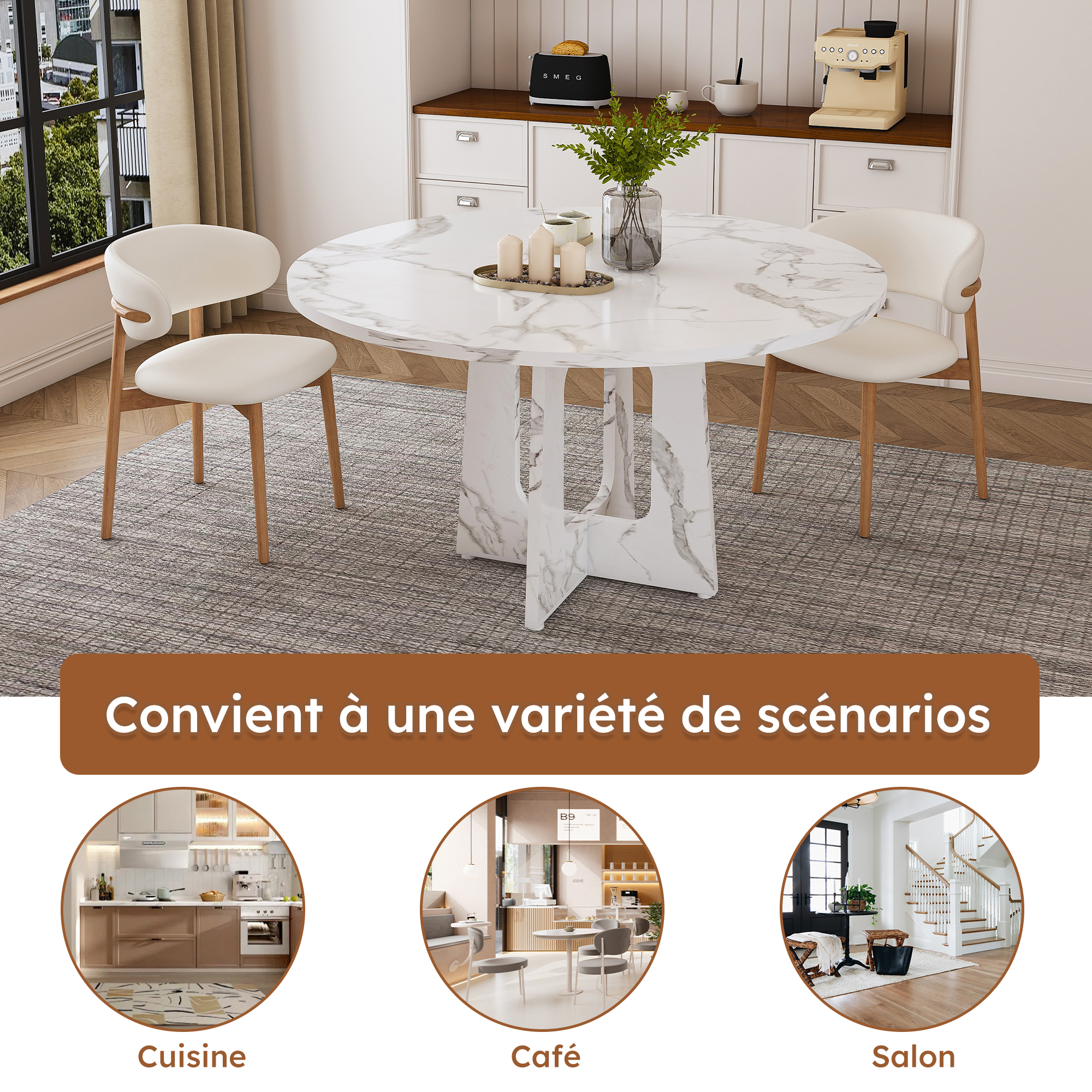 Table à manger ronde Ø120 x H76 cm pour 4 à 6 personnes, MDF, Blanc - vue principale