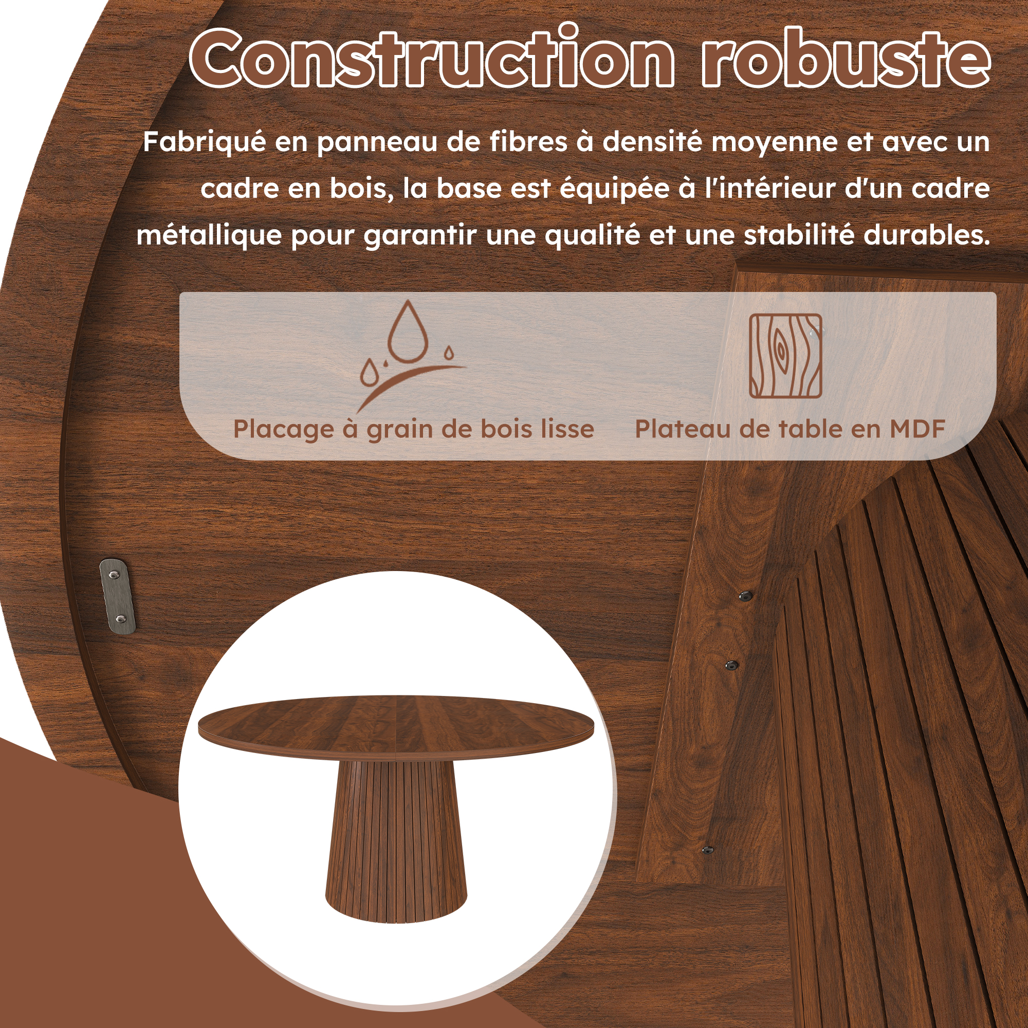 Table à manger ronde Ø110 x H75 cm pour 4 personnes, piètement colonne, MDF, Effet noyer - vue complémentaire